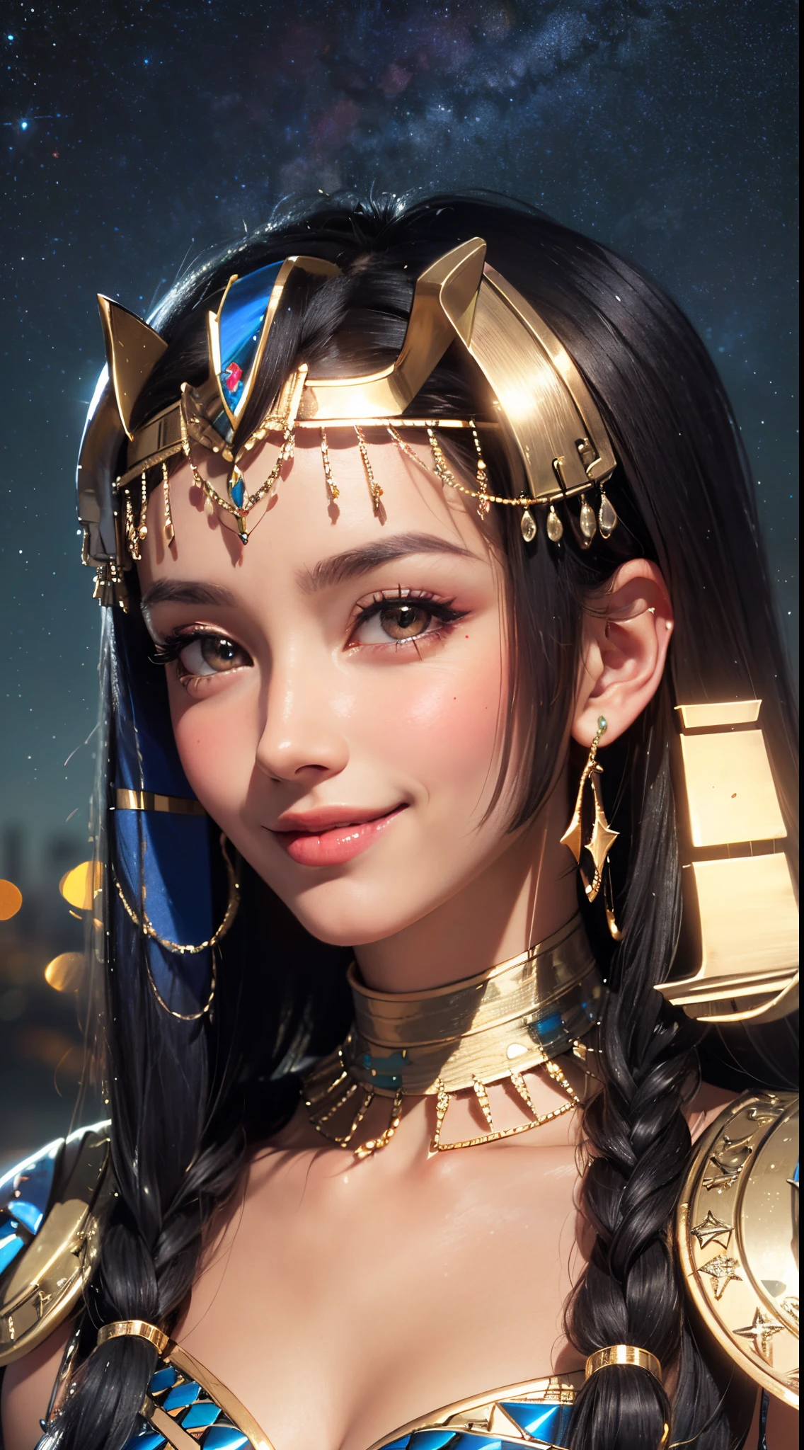 (UHD, retina, masterpiece, ccurate, anatomically correct, textured skin, super detail, high details, high quality, best quality, highres, 1080P, HD, 4K, 8k, 16k), (beautiful detailed eyes, beautiful detailed lips, extremely detailed eyes and face), studio lighting, physically-based rendering, vivid colors, (big tits, super big tits, super extra big tits, glamorous body), (waist:1.5), (portrait, blonde hair, shiny hair, shiny skin), (starry sky, bokeh:1.5), (tilt your head to the side:1.5), eye reflection, (blush, smile, tanned skin, cleopatra:1.5),