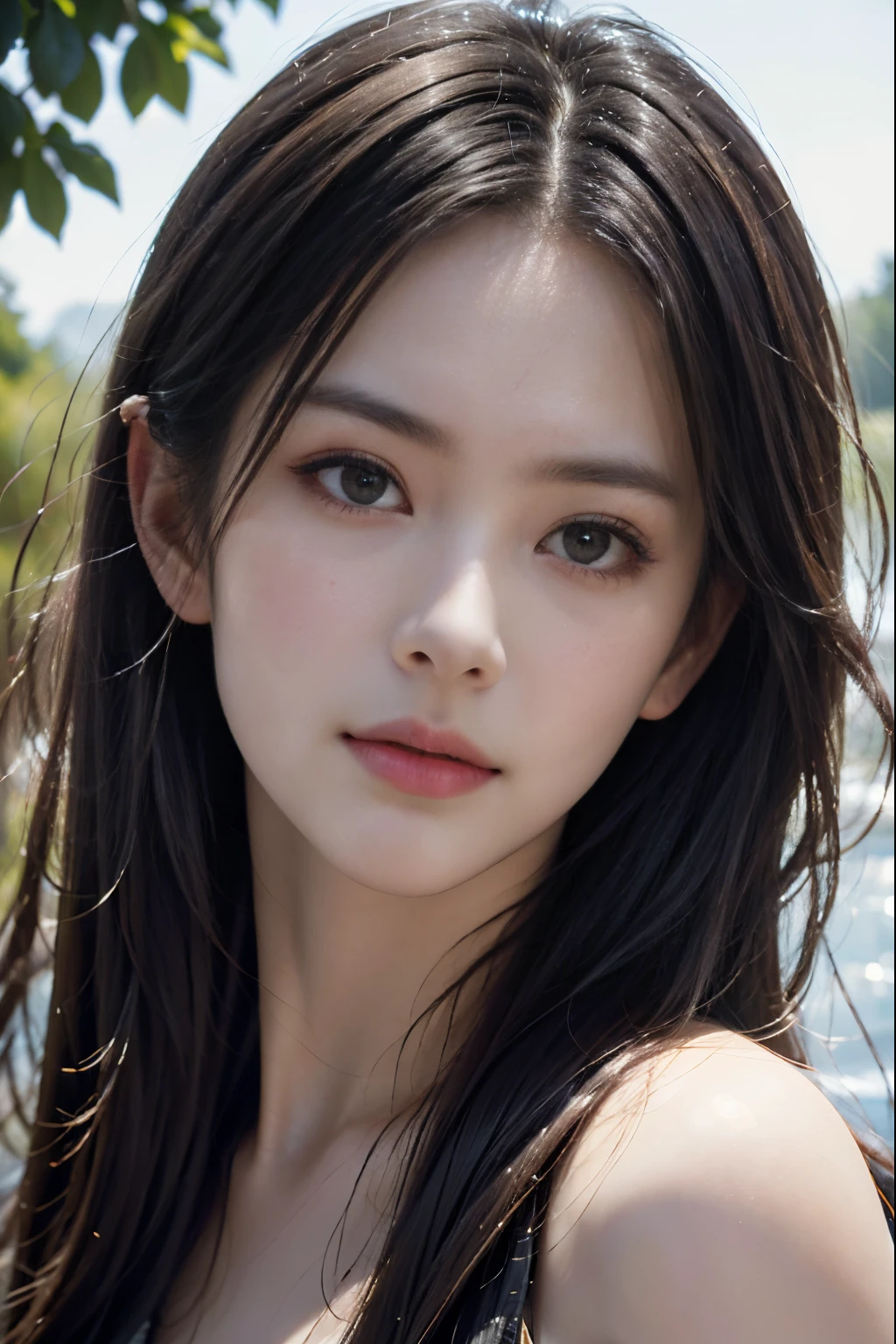 (best quality,4k,8k,highres,masterpiece:1.2),ultra-detailed,(realistic,photorealistic,photo-realistic:1.37),medium:oil painting,woman beautiful detailed eyes,woman beautiful detailed lips,medium length wavy hair,expressive face,rosy cheeks,flowing dress,gentle smile,one hand placed on her chest,soft lighting,serene atmosphere,vibrant colors,subtle brushstrokes,graceful pose,delicate features,artistic background,reflection in the water,emotive portrait,sunlight filtering through trees,feminine elegance,slight wind blowing her hair,natural beauty
