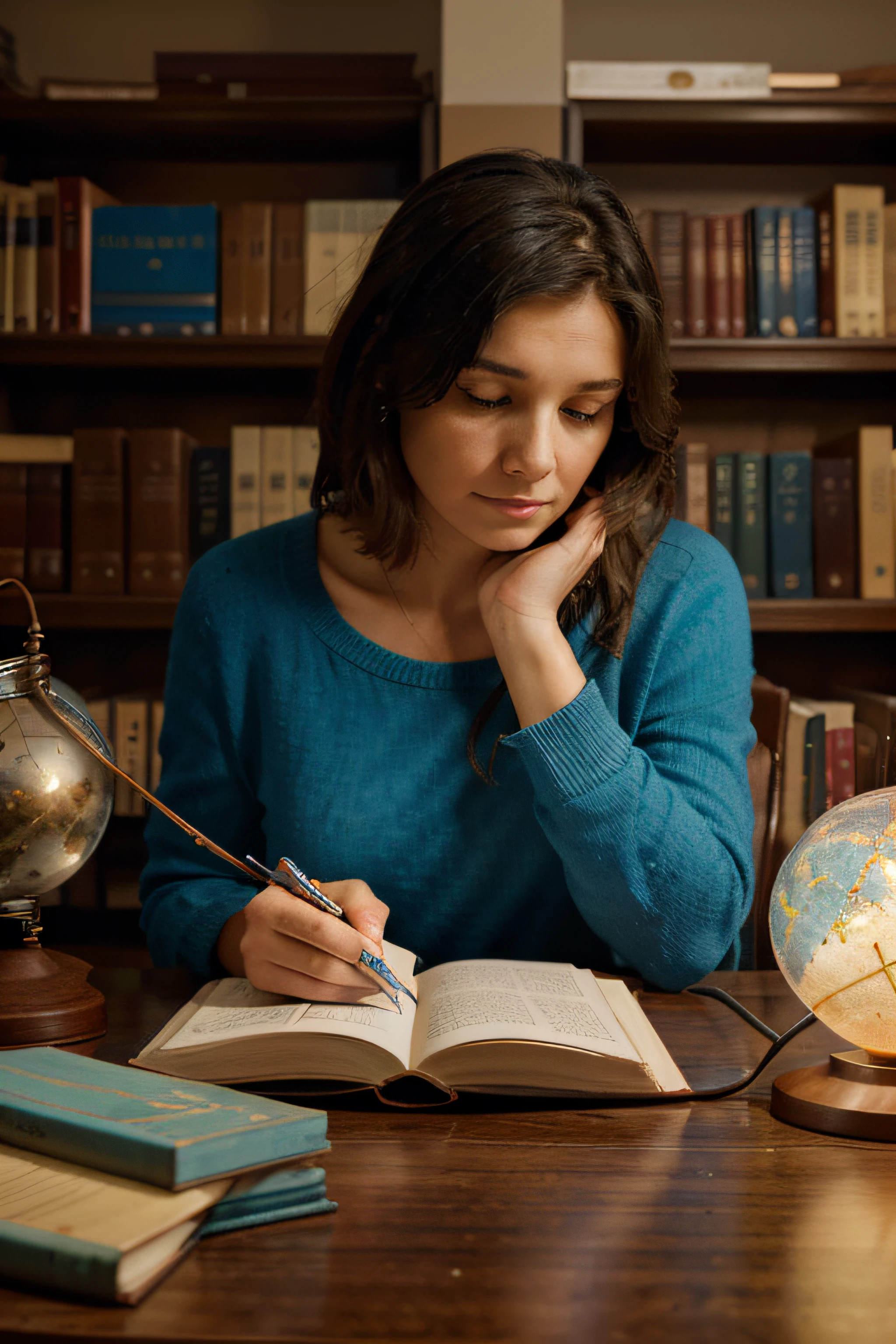 Create an image of size 1440x800 showing a middle-aged American woman in a serene library setting, deep in thought, with a puzzled expression. She's intently examining a large, colorful jigsaw puzzle on a table in front of her. The puzzle pieces are uniquely designed, with some representing brain shapes and others featuring symbols or icons related to memory and ADHD, like a forget-me-not flower, a light bulb with a question mark inside it, and a small brain with lightning bolts. The library around her is filled with books, a globe, and a softly glowing desk lamp, creating an atmosphere of inquiry and introspection. The overall tone of the image should convey a sense of curiosity and the complexity of linking ADHD with memory loss