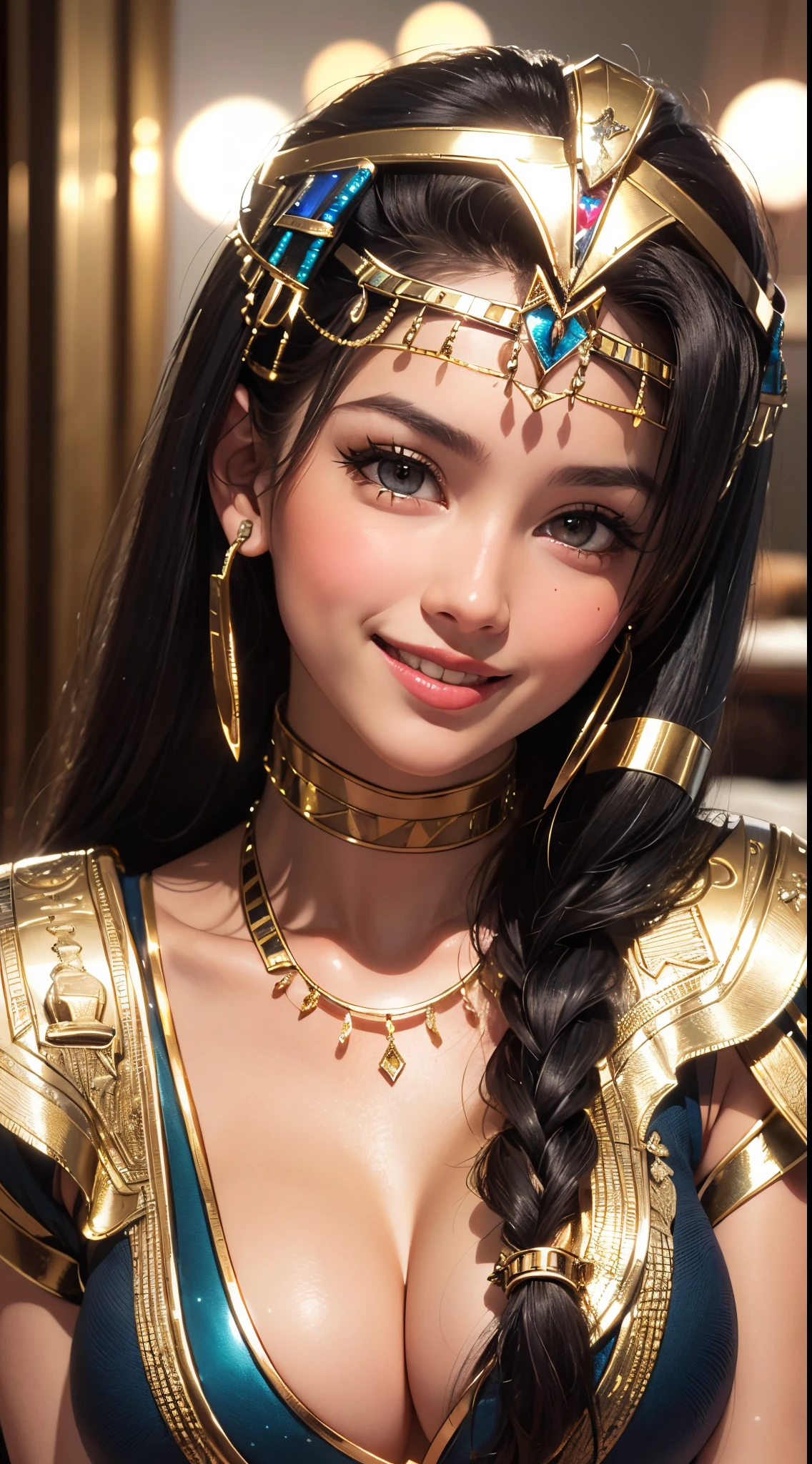 (UHD, retina, masterpiece, ccurate, anatomically correct, textured skin, super detail, high details, high quality, best quality, highres, 1080P, HD, 4K, 8k, 16k), (beautiful detailed eyes, beautiful detailed lips, extremely detailed eyes and face), studio lighting, physically-based rendering, vivid colors, (big tits, super big tits, super extra big tits, glamorous body), (thief:1.5), (portrait, blonde hair, shiny hair, shiny skin), (pyramid, bokeh), (tilt your head to the side:1.5), eye reflection, (blush, smile, tanned skin, cleopatra:1.5),