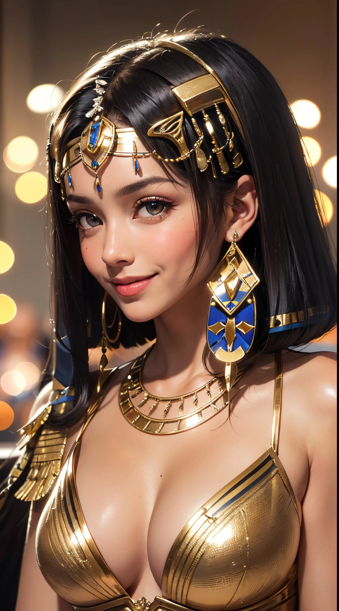 (UHD, retina, masterpiece, ccurate, anatomically correct, textured skin, super detail, high details, high quality, best quality, highres, 1080P, HD, 4K, 8k, 16k), (beautiful detailed eyes, beautiful detailed lips, extremely detailed eyes and face), studio lighting, physically-based rendering, vivid colors, (big tits, super big tits, super extra big tits, glamorous body), (thief:1.5), (portrait, blonde hair, shiny hair, shiny skin), (luxury furniture, bokeh:1.5), (tilt your head to the side:1.5), eye reflection, (blush, smile, tanned skin, cleopatra:1.5),