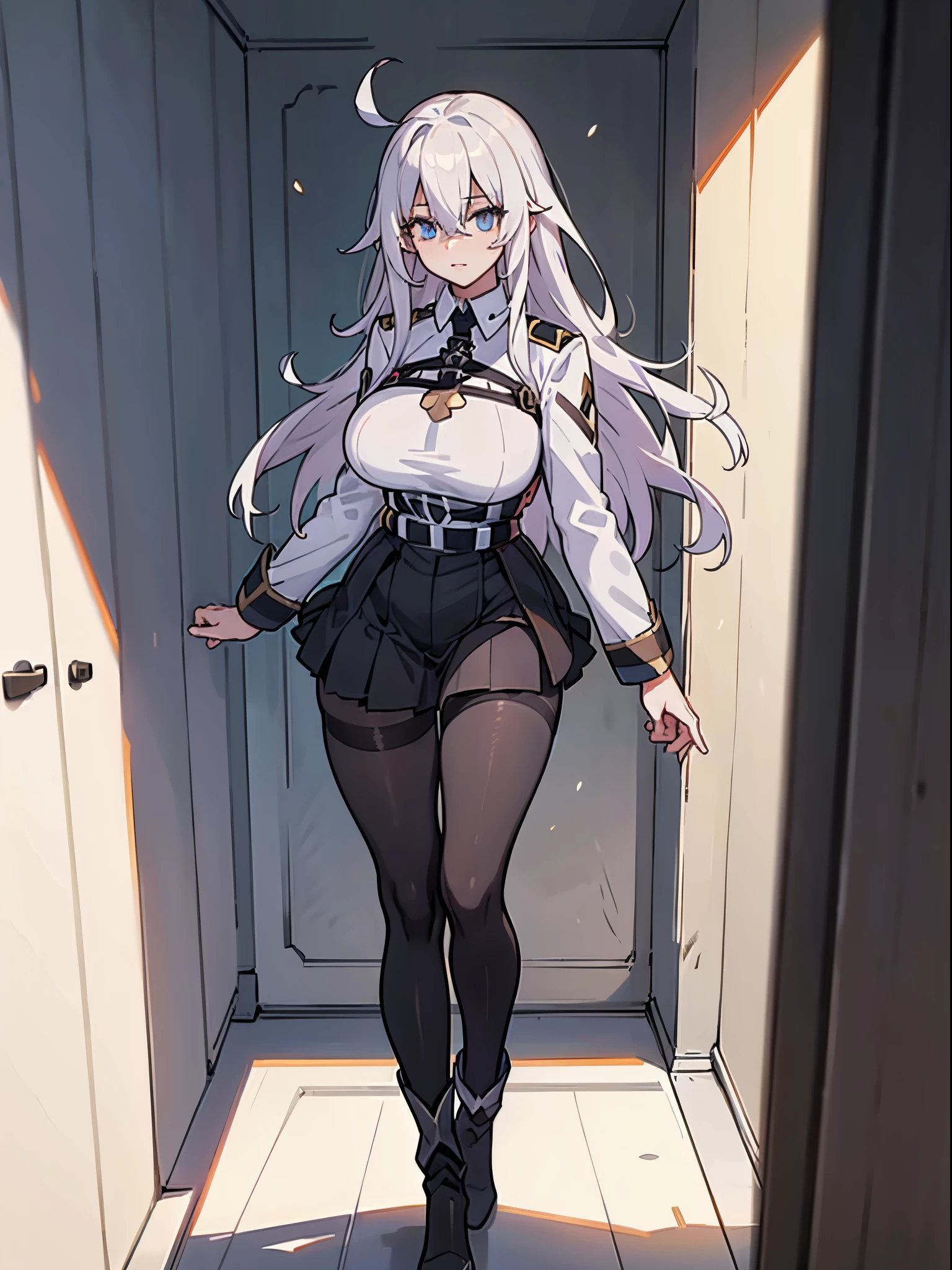 1girl, 32k, absurdres, black pantyhose, black skirt, blue eyes (bright blue eyes), boots, breasts, ((Chaldea uniform:1.2)), corridor, curvy, full body, hair between eyes, highres, (hourglass figure), indoors, large breasts, long hair, long legs, pantyhose, plump lips, sidelocks, skirt, slender legs, solo, white hair, white shirt, white background, white corridor, white boots