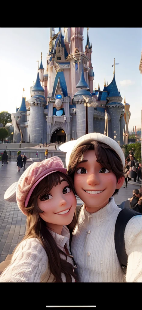 A beautiful man and woman wearing hats take a selfie while clinging to each other in front of Cinderella Castle at Disneyland