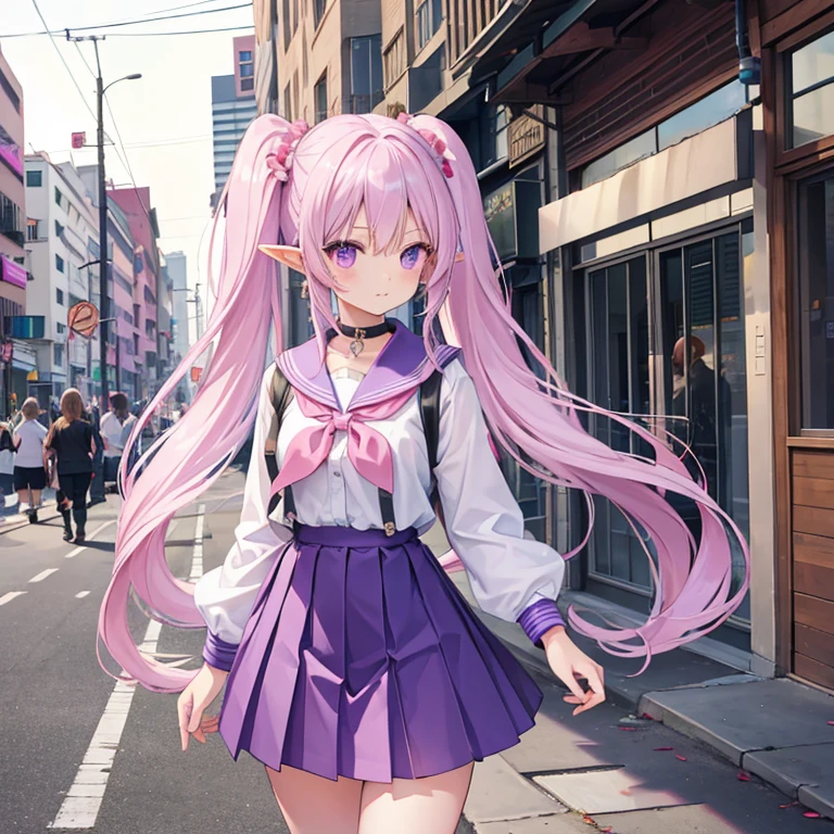 Female elf, pink sailor school girl outfit, long white hair in pigtails, purple eyes, collar with bell, walking down a busy city street