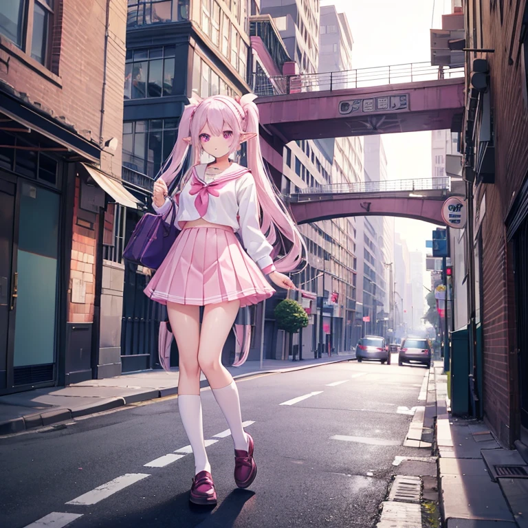 Female elf, pink sailor school girl outfit, long white hair in pigtails, purple eyes, collar with bell, walking down a busy city street