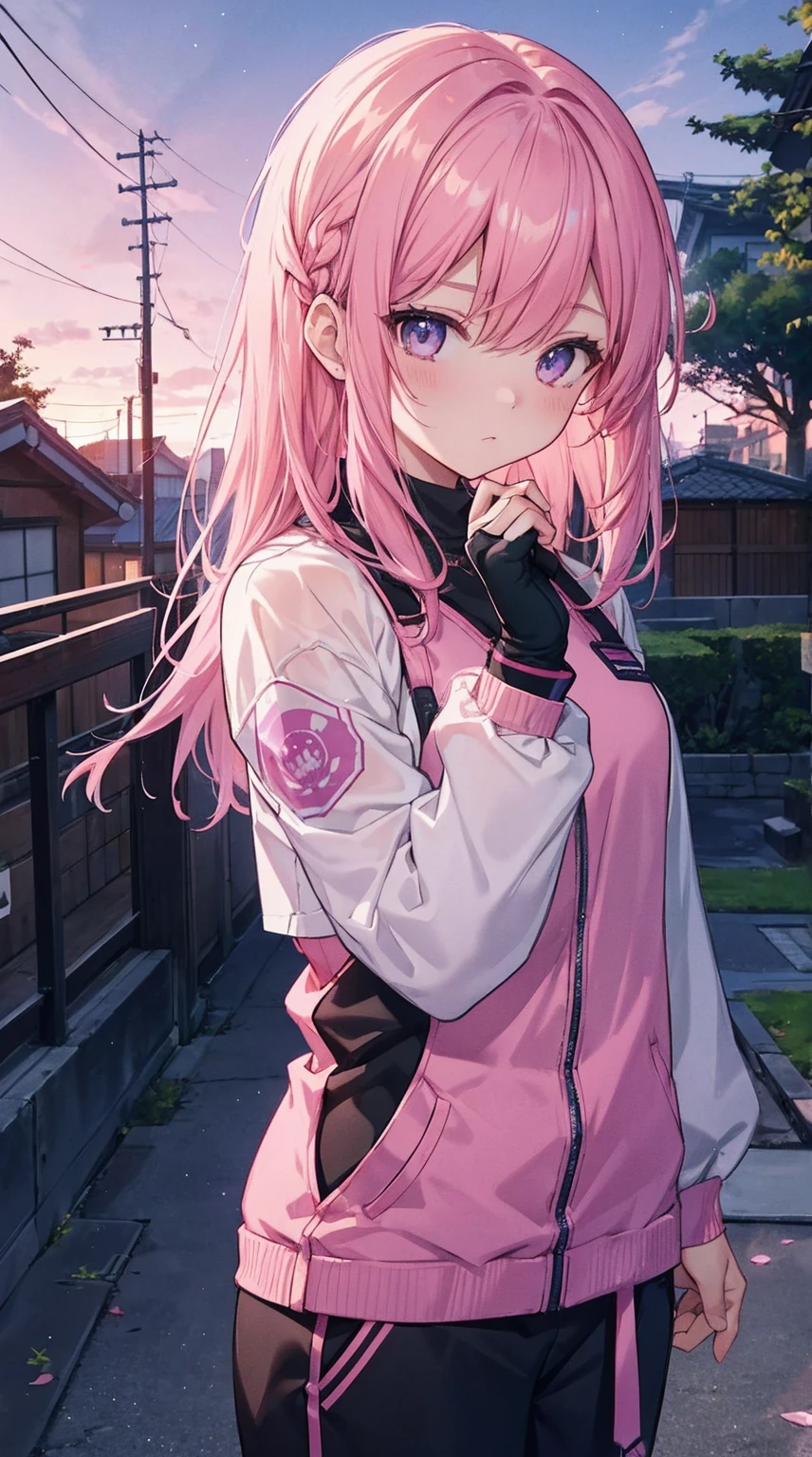 master part, 4K Ultra HD, 1girl no estilo Kiriko de Overwatch, but with the following characteristics: athletic girl with pink hair, Wearing a stylized jumpsuit, In a Japanese city with beautiful trees At dusk, a pink and purple sky with beautiful clouds and some stars in view, Inspirado no estilo de arte GUWEIZ