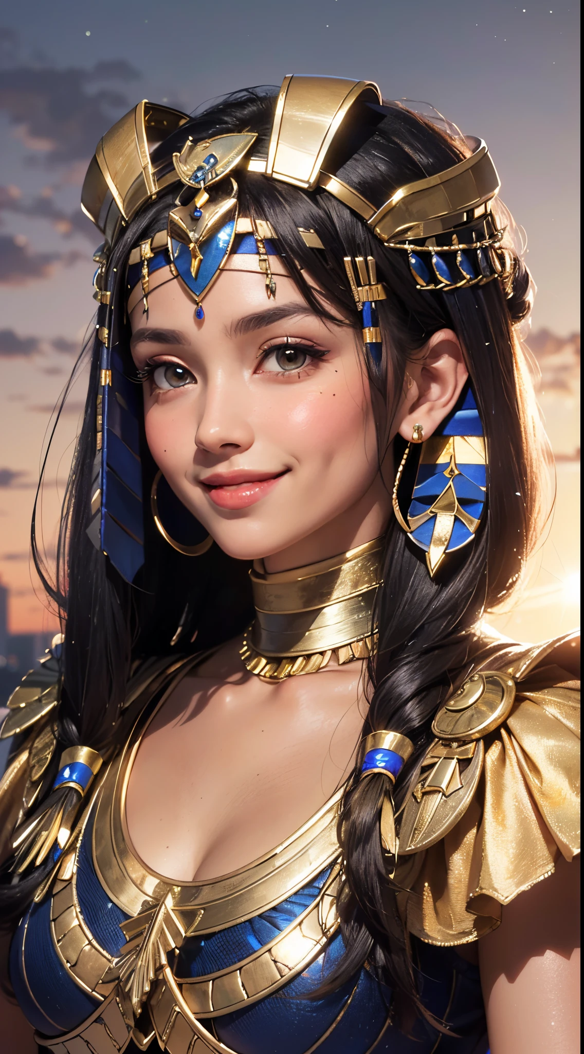 (UHD, retina, masterpiece, ccurate, anatomically correct, textured skin, super detail, high details, high quality, best quality, highres, 1080P, HD, 4K, 8k, 16k), (beautiful detailed eyes, beautiful detailed lips, extremely detailed eyes and face), studio lighting, physically-based rendering, vivid colors, (big tits, super big tits, super extra big tits, glamorous body), (thief:1.5), (portrait, blonde hair, shiny hair, shiny skin), (starry sky, bokeh), (tilt your head to the side:1.5), eye reflection, (blush, smile, tanned skin, cleopatra:1.5),