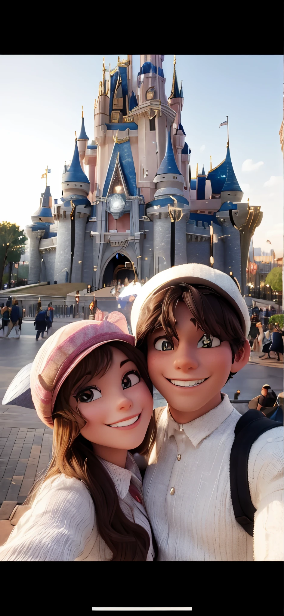 A beautiful man and woman wearing hats take a selfie while clinging to each other in front of Cinderella Castle at Disneyland