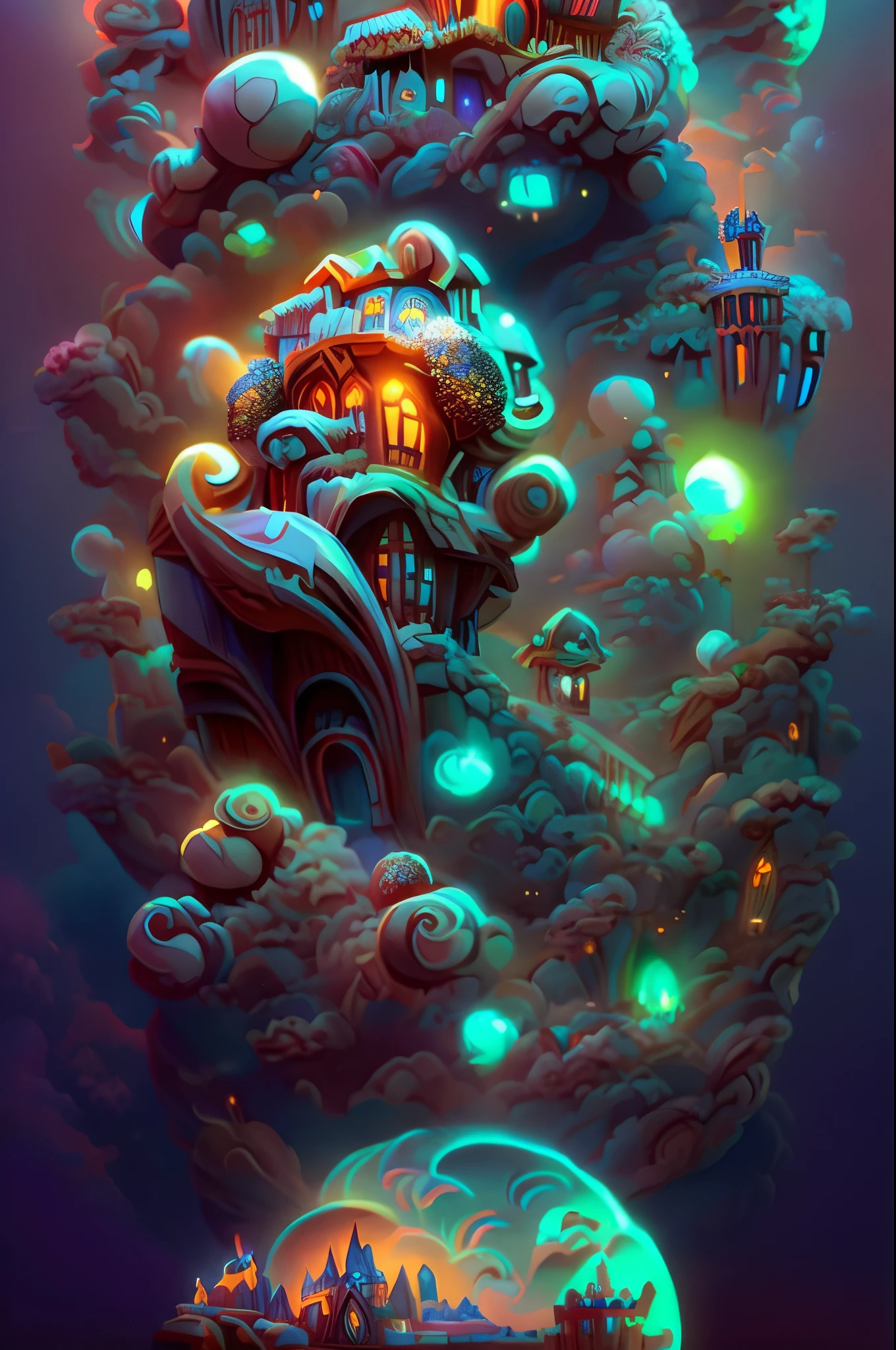 a painting of a fantasy castle surrounded by clouds and glowing lights, 4k highly detailed digital art, detailed fantasy digital art, 4k detailed digital art, dan mumford. maya render, detailed digital 2d fantasy art, detailed digital 3d art, colorfull digital fantasy art, 3d digital art 4k, 3d render digital art, 3 d render beeple