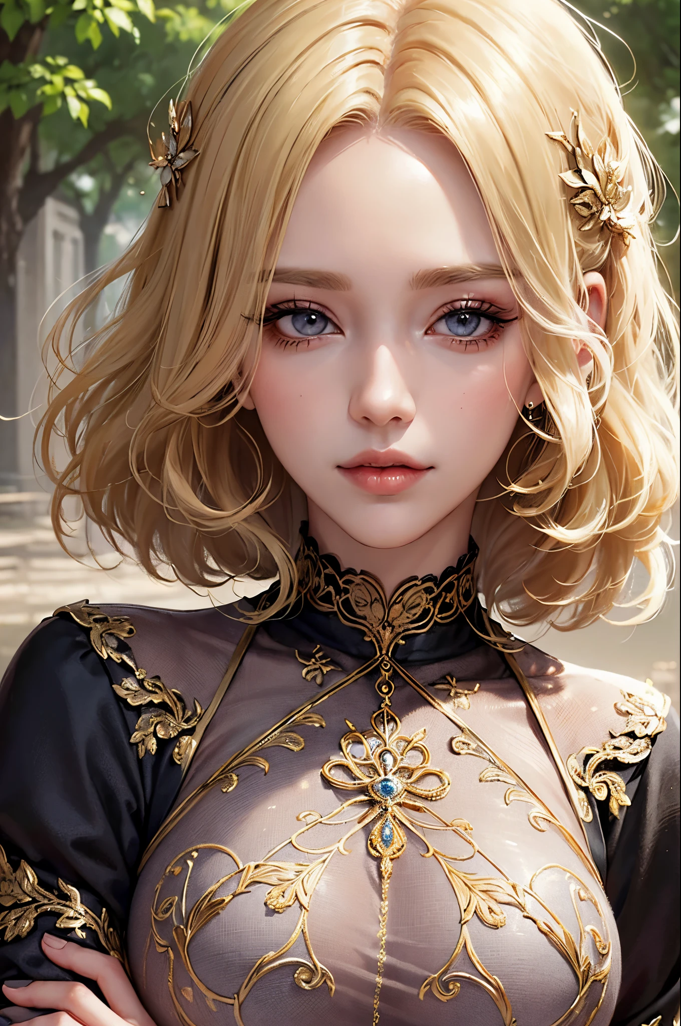 (masutepiece:1.2), (Best Quality:1.2), Perfect eyes, Perfect face, Perfect Lighting, 1girl in, Mature woman in the field, medium blonde hair, Curly hair, detailed  clothes, Detailed outdoor background, makeup, eyeshadows, thick eyelashes, Fantasy, Looking at the viewer, spring