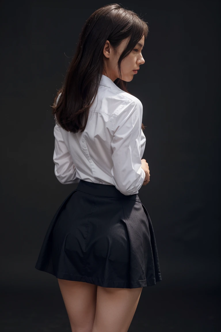girls,(back-view),(skirt),(the skirt is short)(So much so that I can see my panties),(The woman looks back),(wearing a dress shirt),(Wetting)(Background with:daoshi)