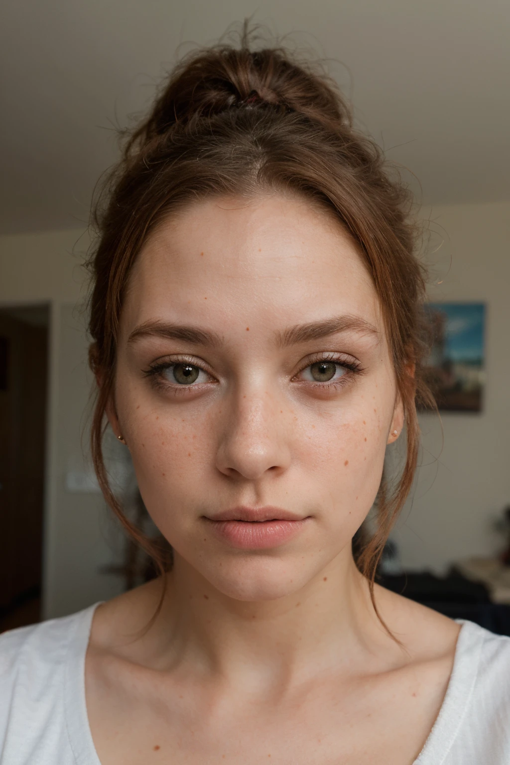 ((best quality)), ((masterpiece)), (detailed), 35 year old
girl with freckles, some forehead acne, dark hazel eyes, redhead