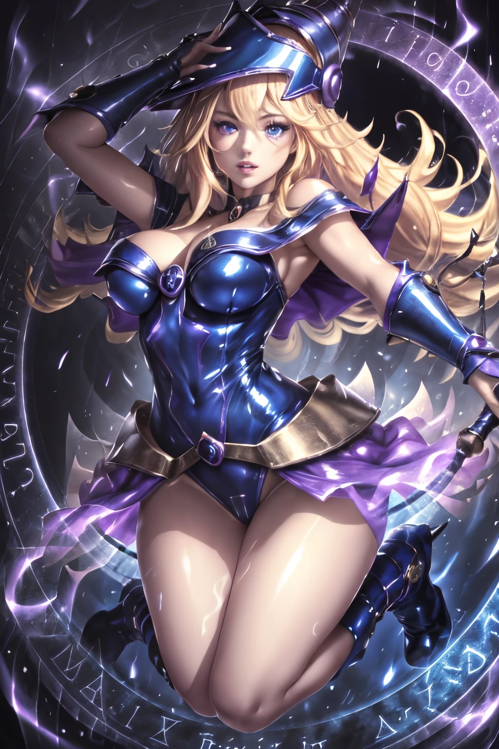 ultra-detailed, extremely detailed, masterpiece, highest quality, best quality, absurdres, highres, dark magician girl, (1girl:1.2), solo, detailed face, dynamic pose, hair flow, (full body:1.1), blonde hair, long hair, looking at viewer, green eyes, skindentation, detailed skin, skin pores, (shiny skin, glossy skin:1.1), rosy skin details, breasts, nail polish, skirt, blue footwear, blue headwear, wizard hat, wand, holding hat, (blue panties:0.9), (summoning circle:1.1), hexagram, pentacle, pentagram, yu-gi-oh!, duel monster, purple magic field, glow, detailed background, intricate background,