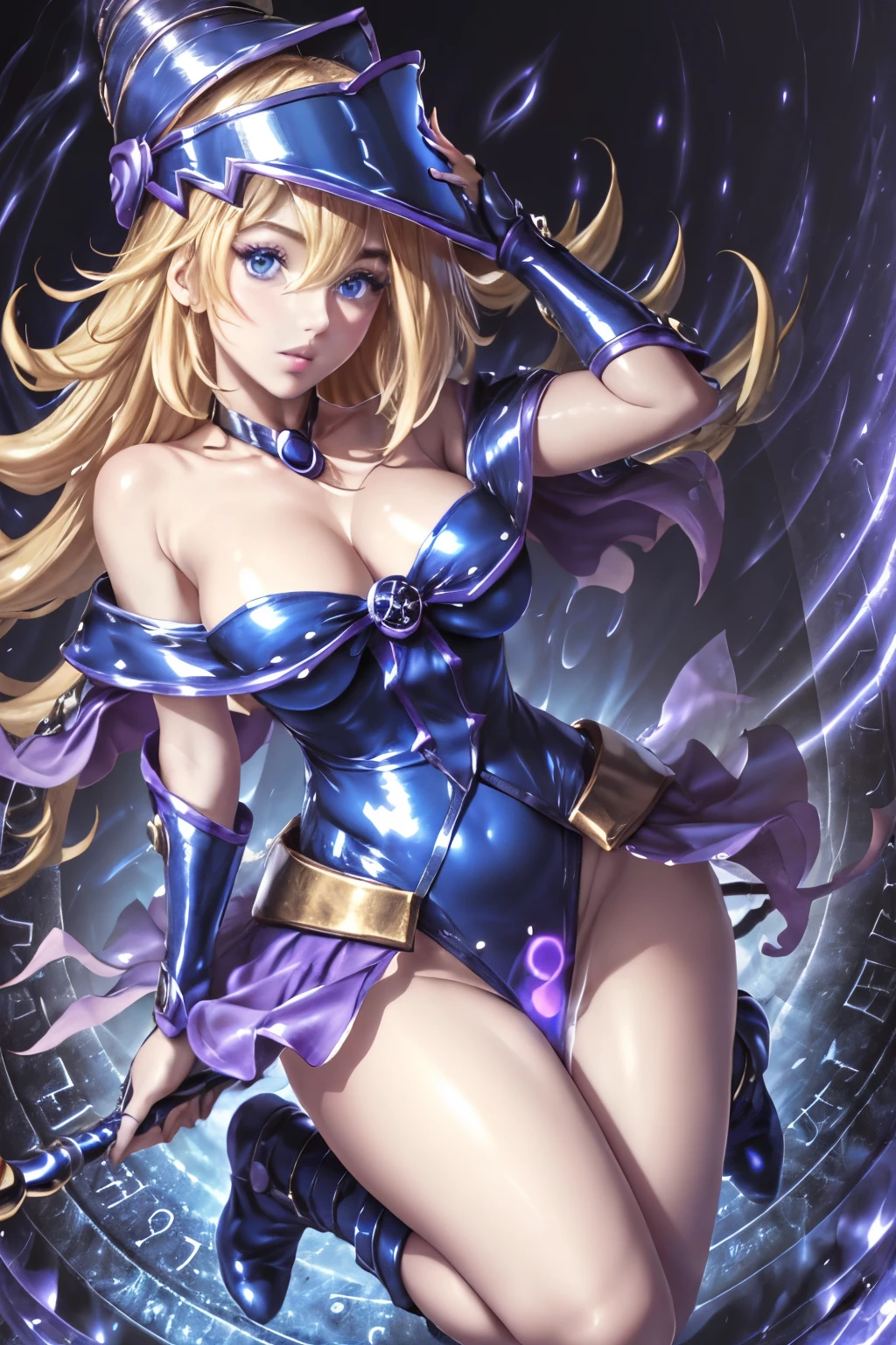 ultra-detailed, extremely detailed, masterpiece, highest quality, best quality, absurdres, highres, dark magician girl, (1girl:1.2), solo, detailed face, dynamic pose, hair flow, (full body:1.1),  blonde hair, long hair, looking at viewer, green eyes, skindentation, detailed skin, skin pores, (shiny skin, glossy skin:1.1), rosy skin details, breasts, nail polish, skirt, blue footwear, blue headwear, wizard hat, wand, holding hat, (blue panties:0.9), (summoning circle:1.1), hexagram, pentacle, pentagram, yu-gi-oh!, duel monster, purple magic field, glow, detailed background, intricate background,