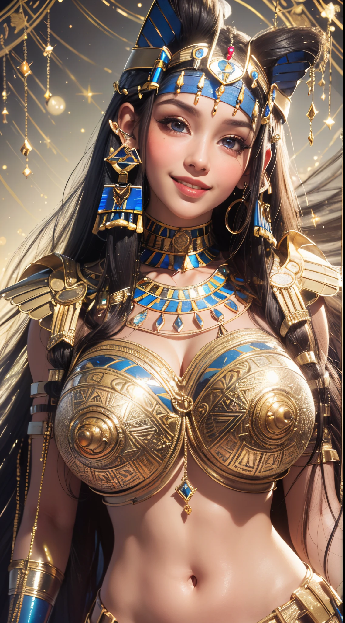 (UHD, retina, masterpiece, ccurate, anatomically correct, textured skin, super detail, high details, high quality, best quality, highres, 1080P, HD, 4K, 8k, 16k), (beautiful detailed eyes, beautiful detailed lips, extremely detailed eyes and face), studio lighting, physically-based rendering, vivid colors, (big tits, super big tits, super extra big tits, glamorous body), (waist:1.5), (portrait, blonde hair, shiny hair, shiny skin), (nile background, bokeh:1.5), (tilt your head to the side:1.5), eye reflection, (blush, smile, tanned skin, cleopatra:1.5),