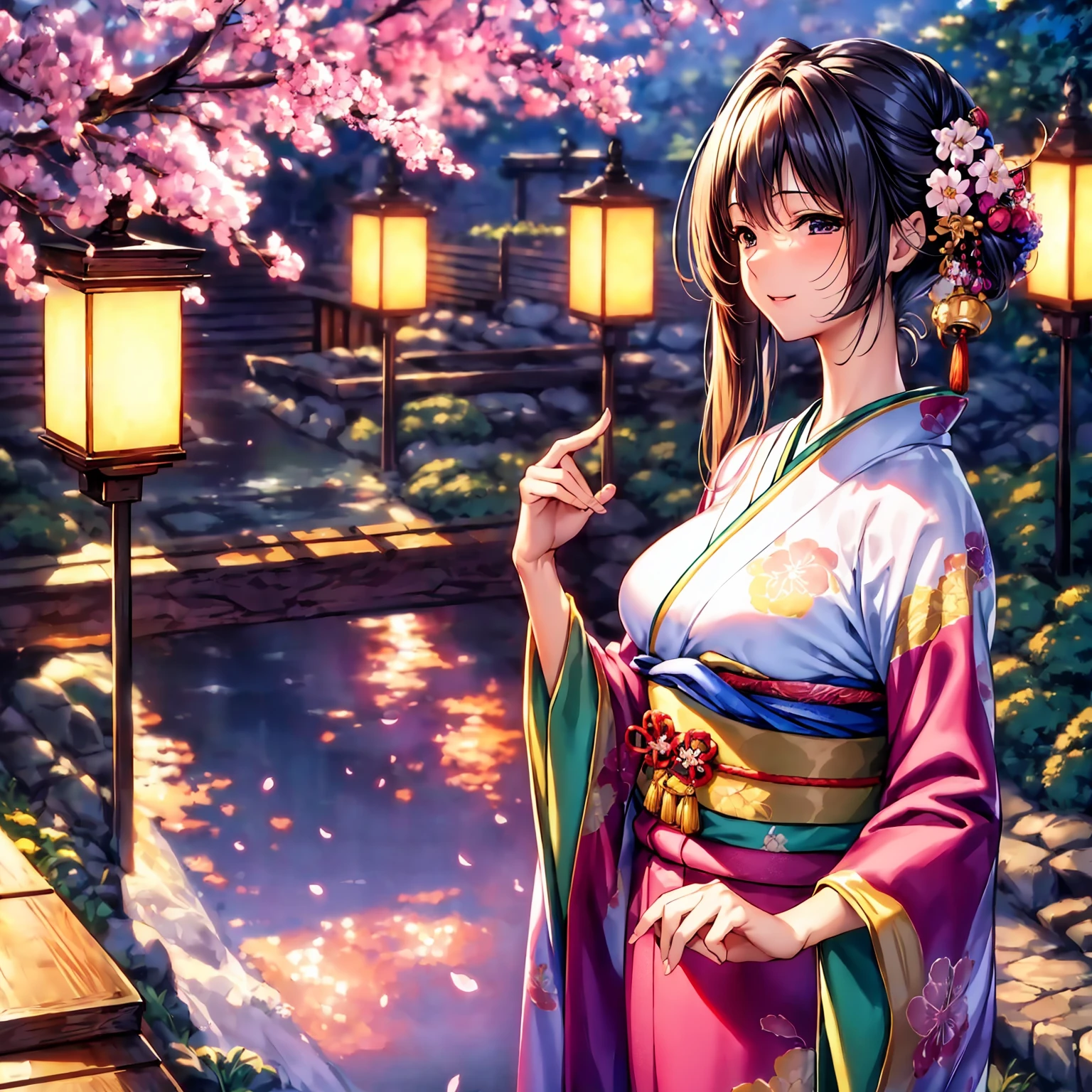 (top-quality、masterpiece、very high res、超A high resolution/High resolution detail 1.5)、A woman of perfect and ultimate beauty(18 years old 1.5)、Realistic portraits、Beautiful breasts with a slender body shape(F Cup 1.5)、Beautiful body、美丽的面容、Beautiful hair、Realistic textured skin and、Wearing a beautiful Japanese kimono、Kimono has colors and patterns.、Kimono sleeves and obi are long,Bright smile、Hair flutters under the influence of the wind、The sleeves and obi of a kimono flutter due to the wind.,Lively,Japanese garden with beautiful cherry blossoms at night、Mysterious night sky、Lanterns light,Beautiful Landscapes、(accurate detail、the detailed images、Accurate images、Perfect Image 1.5)、、beautiful anime woman, Beautiful Art Style, an animated character、The whole picture、Detailed picture、accurate anatomy、Defect-free images、natural soft light、beautiful image、extremely detailed picture、(Best Shot 1.2)