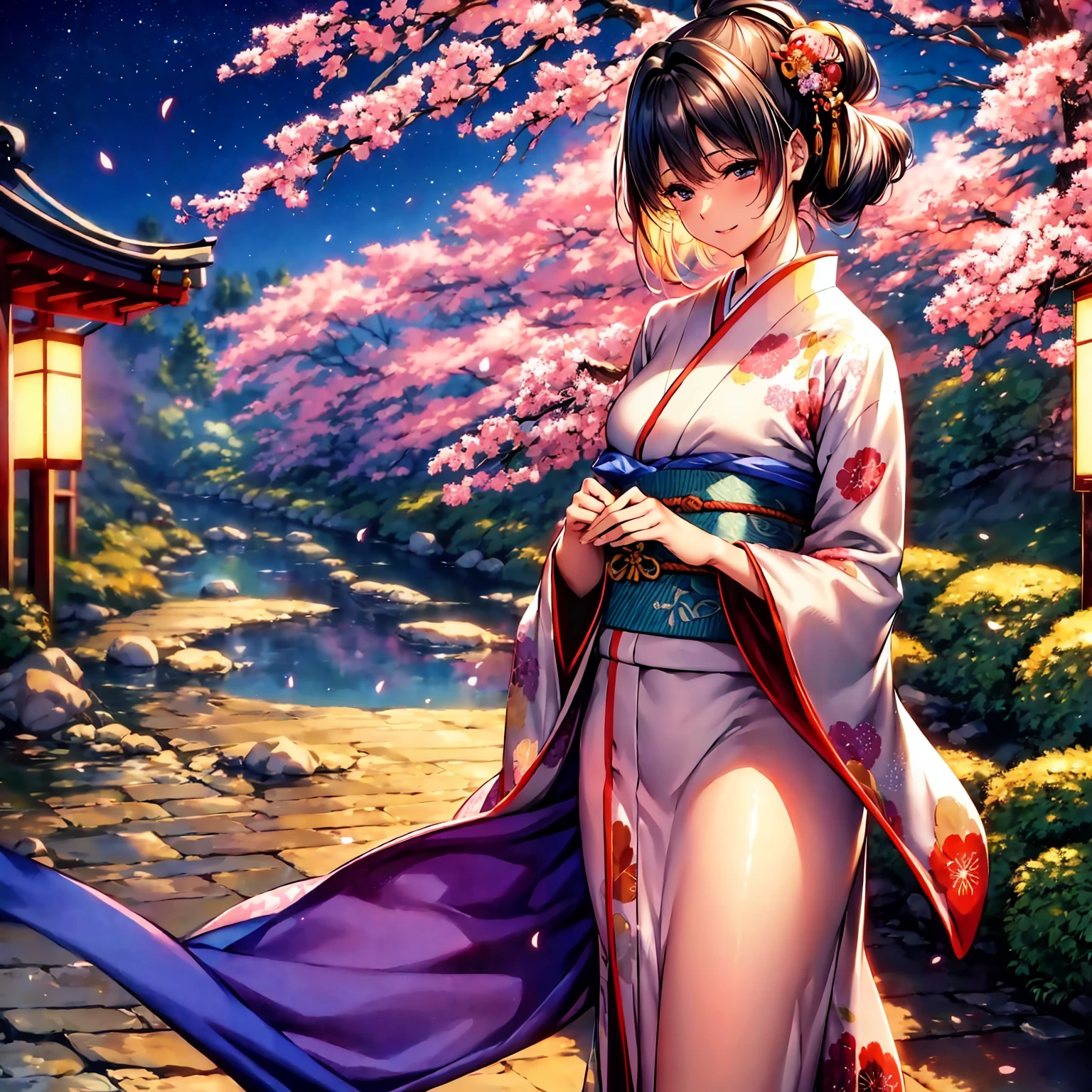 (top-quality、masterpiece、very high res、超A high resolution/High resolution detail 1.5)、A woman of perfect and ultimate beauty(18 years old 1.5)、Realistic portraits、Beautiful breasts with a slender body shape(F Cup 1.5)、Beautiful body、美丽的面容、Beautiful hair、Realistic textured skin and、Wearing a beautiful Japanese kimono、Kimono has colors and patterns.、Kimono sleeves and obi are long,Bright smile、Hair flutters under the influence of the wind、The sleeves and obi of a kimono flutter due to the wind.,Lively,Japanese garden with beautiful cherry blossoms at night、Mysterious night sky、Lanterns light,Beautiful Landscapes、(accurate detail、the detailed images、Accurate images、Perfect Image 1.5)、、beautiful anime woman, Beautiful Art Style, an animated character、The whole picture、Detailed picture、accurate anatomy、Defect-free images、natural soft light、beautiful image、extremely detailed picture、(Best Shot 1.2)