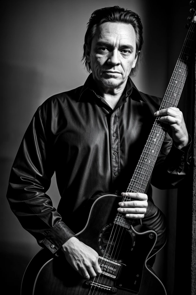 RAW photo, dark shot, b&w, a portrait photo of Jonny Cash in (black clothes:1.2), iconic pose, detailed facial features, vibrant colours, detailed skin, interior, night, 8k uhd, high quality, film grain, Fujifilm XT3, 35mm