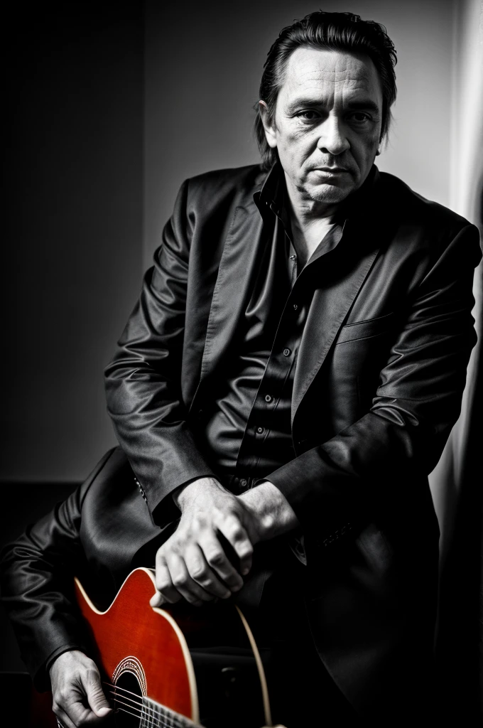 RAW photo, dark shot, b&w, a portrait photo of Jonny Cash in (black clothes:1.2), iconic pose, detailed facial features, vibrant colours, detailed skin, interior, night, 8k uhd, high quality, film grain, Fujifilm XT3, 35mm