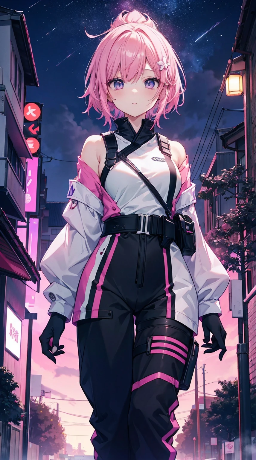 master part, 4K Ultra HD, 1girl no estilo Kiriko de Overwatch, but with the following characteristics: athletic girl with short pink hair, Wearing a stylized black and white jumpsuit, In a Japanese city with beautiful trees At dusk, a pink and purple sky with beautiful clouds and some stars in view, Inspirado no estilo de arte GUWEIZ