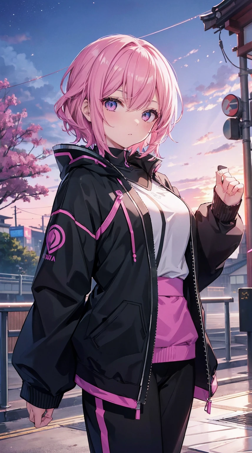 master part,  4K Ultra HD, 1girl no estilo Kiriko de Overwatch, but with the following characteristics: athletic girl with short pink hair, Wearing a stylized black and white jumpsuit, In a Japanese city with beautiful trees At dusk, a pink and purple sky with beautiful clouds and some stars in view, Inspirado no estilo de arte GUWEIZ