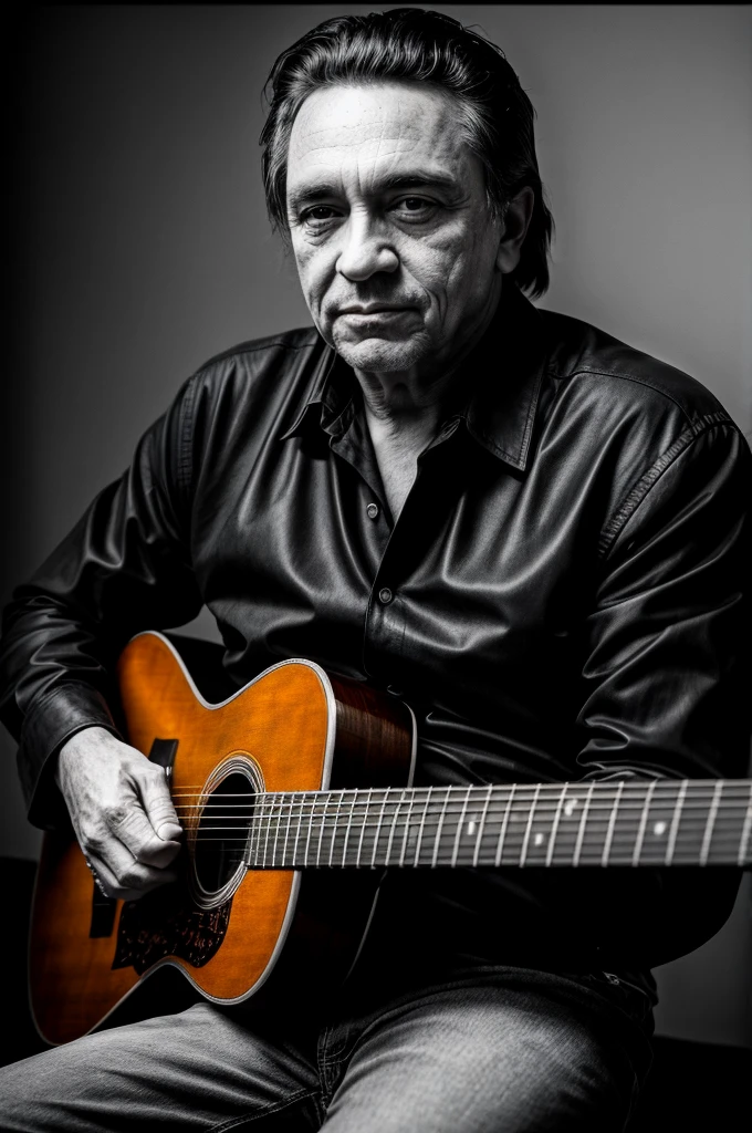 RAW photo, , ultra-detailed, under exposed, dark shot, b&w, a portrait photo of Jonny Cash in (black clothes:1.2), iconic pose, detailed facial features, detailed skin, 8k uhd, high quality, film grain, Fujifilm XT3, 35mm