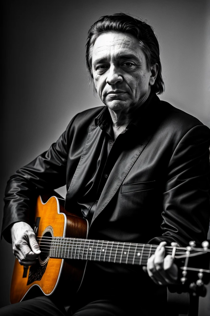 RAW photo, , ultra-detailed, under exposed, dark shot, b&w, a portrait photo of Jonny Cash in (black clothes:1.2), iconic pose, detailed facial features, detailed skin, 8k uhd, high quality, film grain, Fujifilm XT3, 35mm