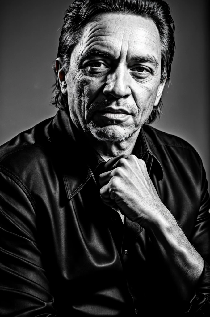 RAW photo, , ultra-detailed, under exposed, dark shot, b&w, a portrait photo of Jonny Cash in (black clothes:1.2), iconic pose, detailed facial features, detailed skin, 8k uhd, high quality, film grain, Fujifilm XT3, 35mm