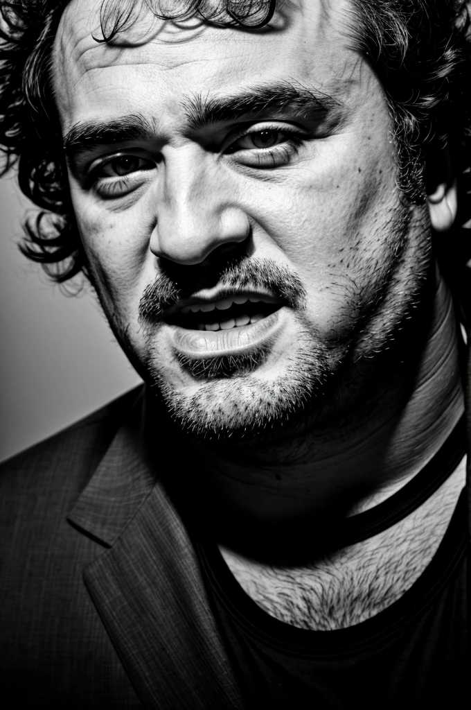 RAW photo, , ultra-detailed, under exposed, dark shot, b&w, a portrait photo of John Belushi, iconic pose, detailed facial features, detailed skin, 8k uhd, high quality, film grain, Fujifilm XT3, 35mm