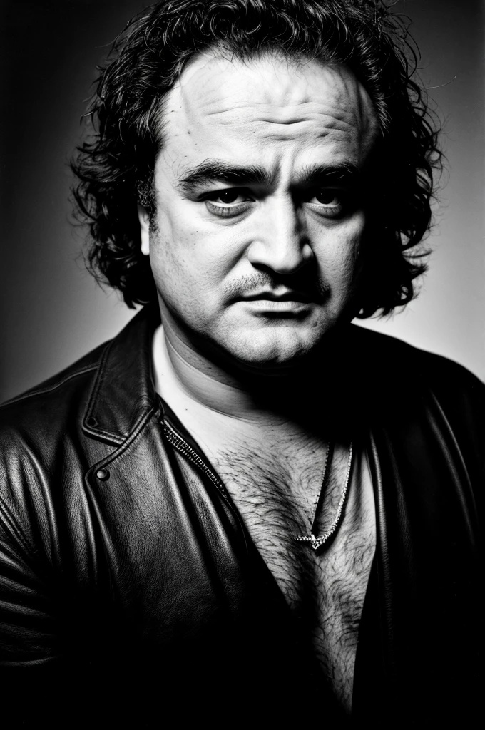 RAW photo, , ultra-detailed, under exposed, dark shot, b&w, a portrait photo of John Belushi, iconic pose, detailed facial features, detailed skin, 8k uhd, high quality, film grain, Fujifilm XT3, 35mm