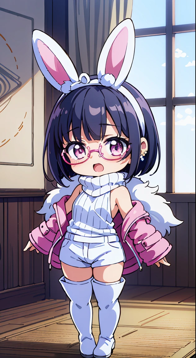 (masutepiece, Best Quality, Perfect Anatomy, High quality:1.4), nice hand, Perfect hands, Detailed beautiful hands, Large_filesize, fulcolor, hight resolution, symmetric, exceptional, Best aesthetic, newest, Anime, very beautiful detailed body,The hair,faces,The eye, (Chibi, Full body:1.6), BREAK,
Beautiful Girl, ( girl), Very detailed, colourfull, highest details, 1 beautiful girl, Solo,(Cute:1.5),(Chibi:0.8), (kawaii:1.5),(Lori:0.5),(girl, Cute, Cheerful, Loli face, stly bulging chest),(A dark-haired,Disheveled short bob,tareme,Pink eyes:1.55),(sano,A smile,Bad face:1.2), (White rabbit ear headband:1.2),Shiny skin,Clear skin, Beautiful skin,(best quality face),(Top quality glowing eyes), (Doya face,brave face:1.45), BREAK (Pink Theme:1.4),
BREAK (Pink Theme:1.5), (Oversized pink down jacket with white fluffy fur:1.5), (pink down jacket pull:1.4), (off shoulders:1.4), (pink nylon shine:1.3), BREAK (White theme:1.4), (baggy white thigh-high boots:1.5), (tight latex white shorts:1.3), BREAK (grey theme:1.3), (Sleeveless Knit Gray Turtleneck Sweater:1.4), (no sleeves:1.3), (emphasized chest:1.2), (knit:1.2), (rim glasses:1.3), (earrings:1.2),
BREAK,(morning), inside in room,Gothic bedroom, a canopy bed,huge window,naked girl poster,coke,on back, tusk, Open mouth, Looking away,depth of fields,
BREAK,wakame,wakame,wakame,(Cowboy Shot:1.4),
BREAK,(Blurry background:1.3),(absurderes, hight resolution, Super Detail Art),cel shading,Clear Color, Lonely optical effect, Beautiful pictures, Bright glow, mystic atmosphere,(Close-up of girl:1.1), Mystical light particle effect,manga influence, clean line drawings,