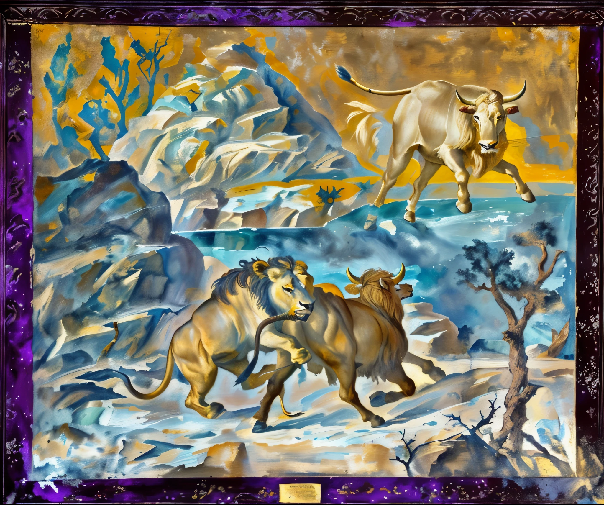painting of a lion and a bull fighting in a desert, fresco painting, herds fighting, mythological painting, inspired by Giuseppe Bernardino Bison, fresco, ancient greek painting, painted in high resolution, by Leo Goetz, hystorical painting, spiritual scene, by Exekias, by Giuseppe Bernardino Bison, biblical painting, by Viktor de Jeney