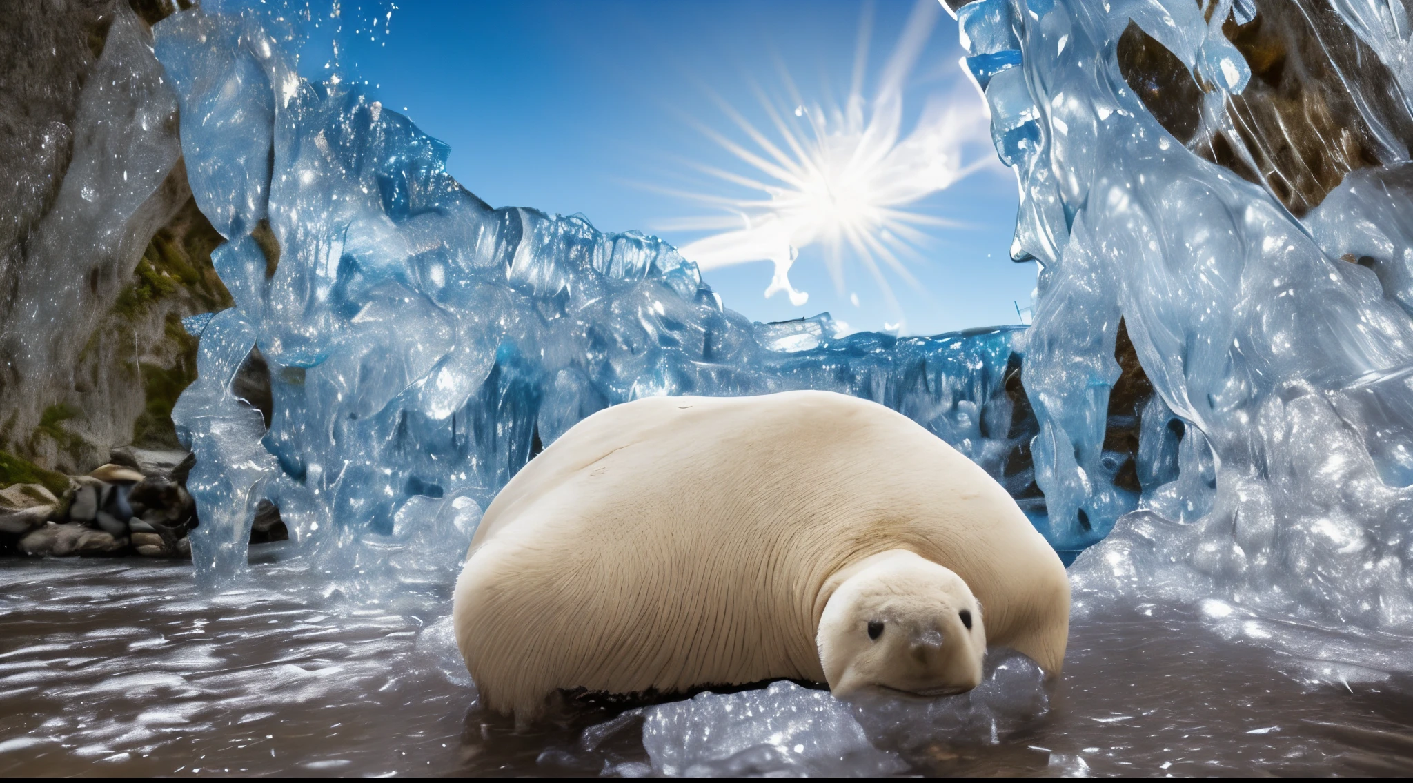 see turtle on melting ice in front of a polar bear in the arctis with polar lights --auto --s2