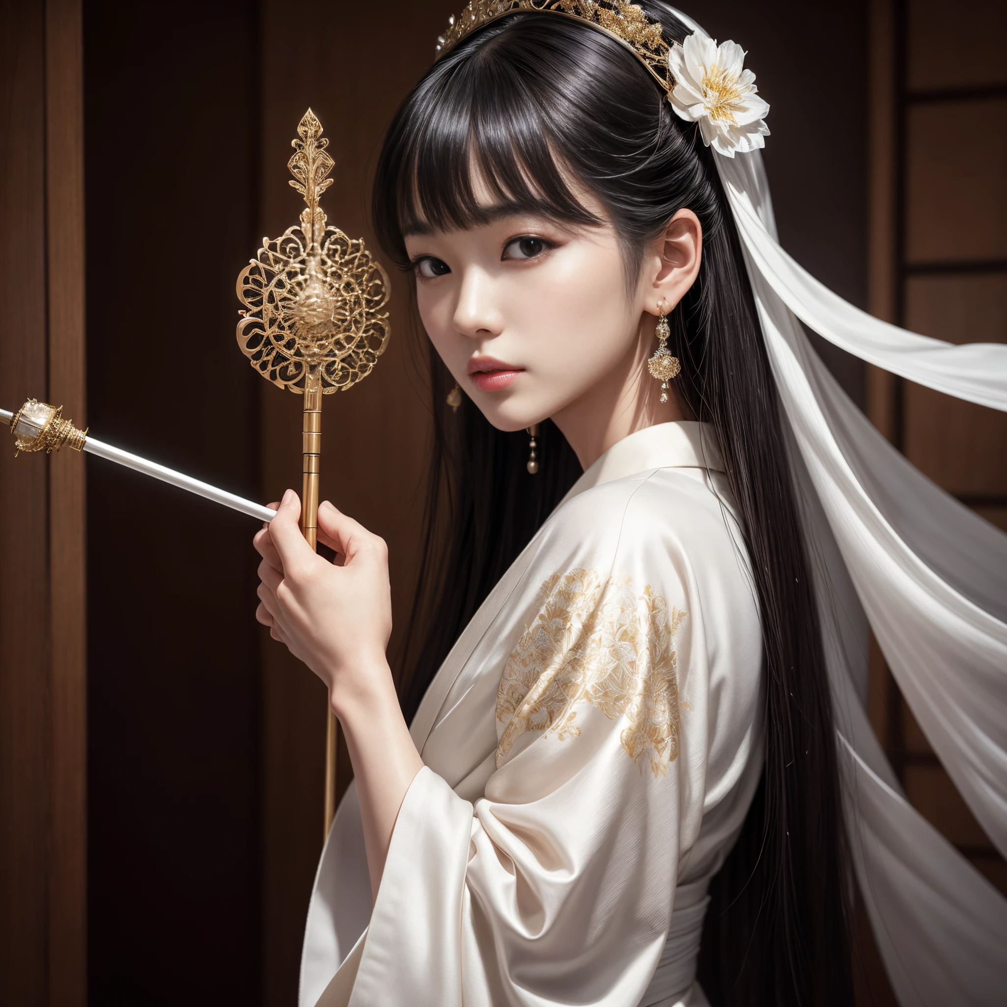 A beautiful young Japanese woman, with black hair, full lips, beautiful eyes, silky skin, wearing earrings, wearing a white kimono, holding a scepter, beautiful hyperrealistic art, exquisite photorealistic digital art, beautiful stunning digital art of intricate details.