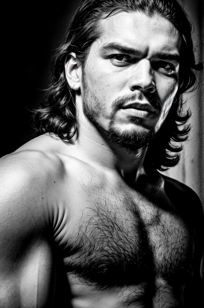 RAW photo, , ultra-detailed, under exposed, dark shot, b&w, a portrait photo of Che Guevara, iconic pose, detailed facial features, detailed skin, 8k uhd, high quality, film grain, Fujifilm XT3, 35mm
