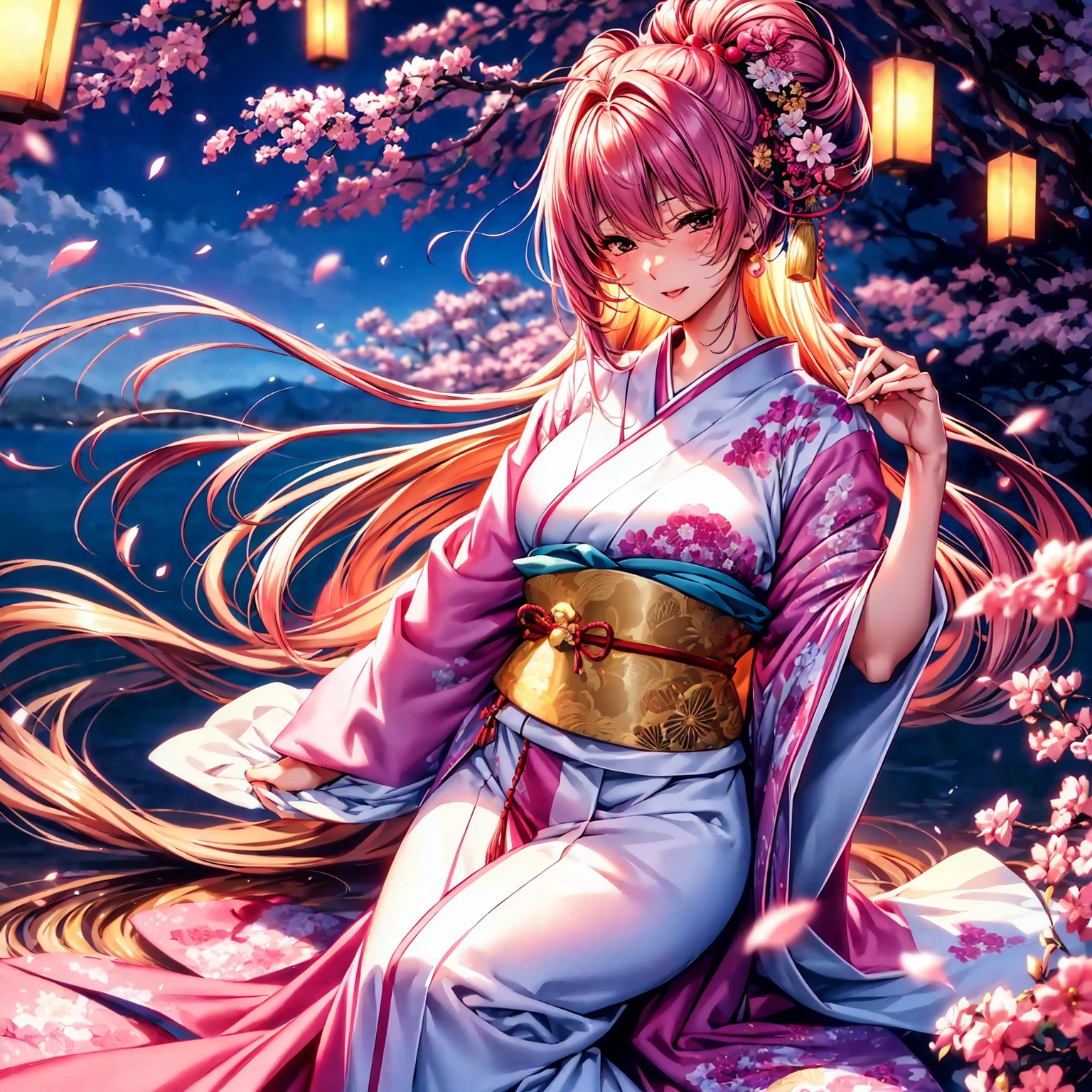 piece
(top-quality、masterpiece、very high res、超A high resolution/High resolution detail 1.5)、A woman of perfect and ultimate beauty(18 years old 1.5)、Realistic portraits、Beautiful breasts with a slender body shape(F Cup 1.5)、Beautiful body、美丽的面容、large pink,Beautiful hair、Japanese hair decoration,Realistic textured skin and、Wearing a beautiful Japanese kimono、Kimono has colors and patterns.、Kimono sleeves and obi are long,Bright smile、Hair flutters under the influence of the wind、The sleeves and obi of a kimono flutter due to the wind.,Lively,Japanese garden with beautiful cherry blossoms at night、Mysterious night sky、Lanterns light,Beautiful Landscapes、(accurate detail、the detailed images、Accurate images、Perfect Image 1.5)、、beautiful anime woman, Beautiful Art Style, an animated character、The whole picture、Detailed picture、accurate anatomy、Defect-free images、natural soft light、beautiful image、extremely detailed picture、(Best Shot 1.2)