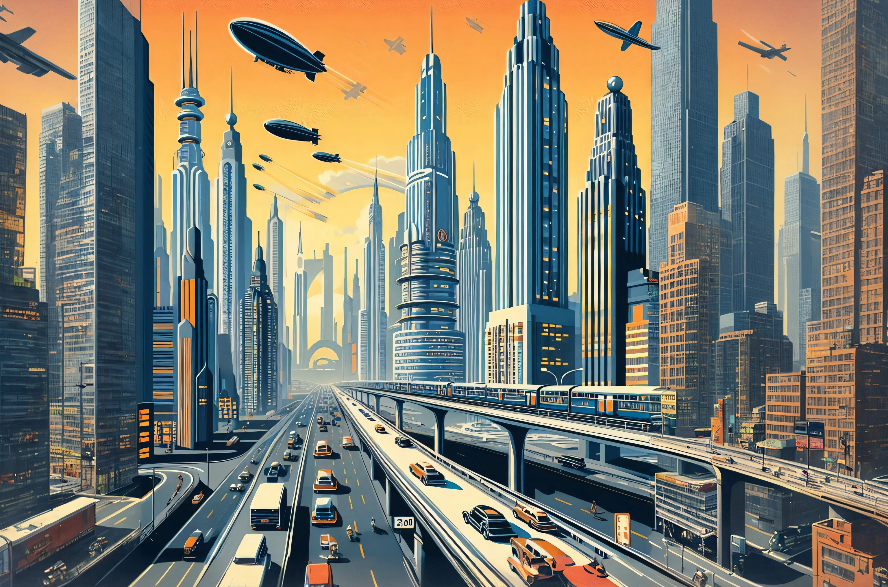 a close up of a city with a lot of cars and a large plane, retro futurism art, retro-futurism, retro - futurism, retro futurism, futuristic utopian metropolis, retro futurism style, retro futurism 1 9 5 0 s, retrofuturism, city of the future, in a future city, futuristic dieselpunk street, skyscrapers and flying cars