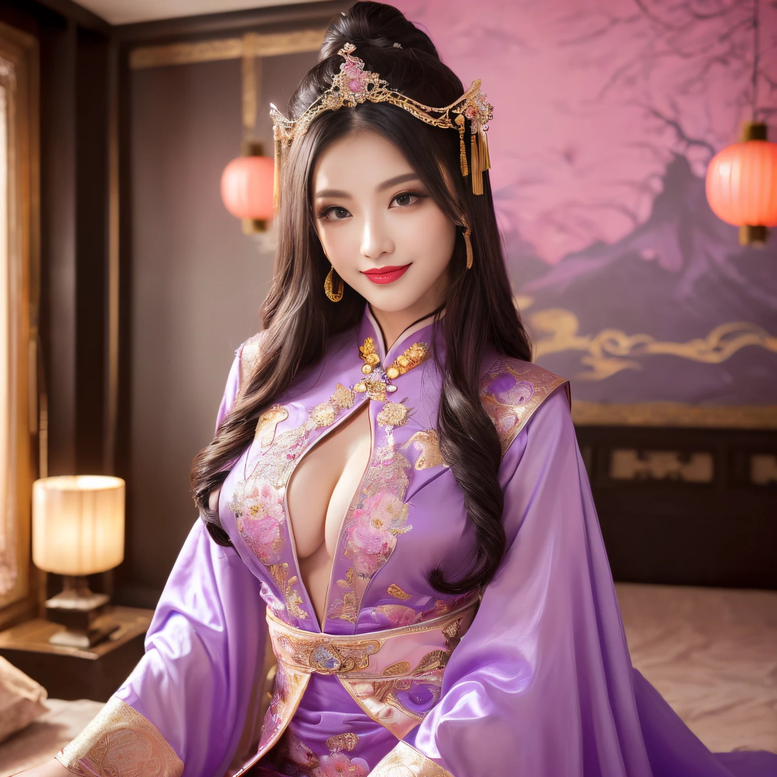 ((top-quality、masutepiece、8K、Top image quality、Highly complex and detailed depictions))、(the most gorgeous chinese goddess:1.1)、((The most gorgeous prostitution goddess huge costume、The most vivid and luxurious Chinese costumes、big long chinese goddess costume、The unimaginably beautiful bedroom of a Chinese goddess、purple and pink gems、(purple and pink goddess bedroom:1.3)、(romantic dark night:1.2)、(pink and purple lighting:1.2)、spectacular movie lighting、A glittering room decorated with jewels、The most sacred and beautiful Chinese goddess'Bedroom、mid night、Very complex decoration、very clear chinese goddess bedroom、(View me、Bewitching smile、Perfect makeup、long eyelashes、lipsticks、Pink eyeshadows、perfect anatomia、Biggest smile)、(huge beautiful curtains:1.1)、(The most elaborate goddess room:1.2)、(Professionally designed, Interior design with a sense of unity:1.3)
