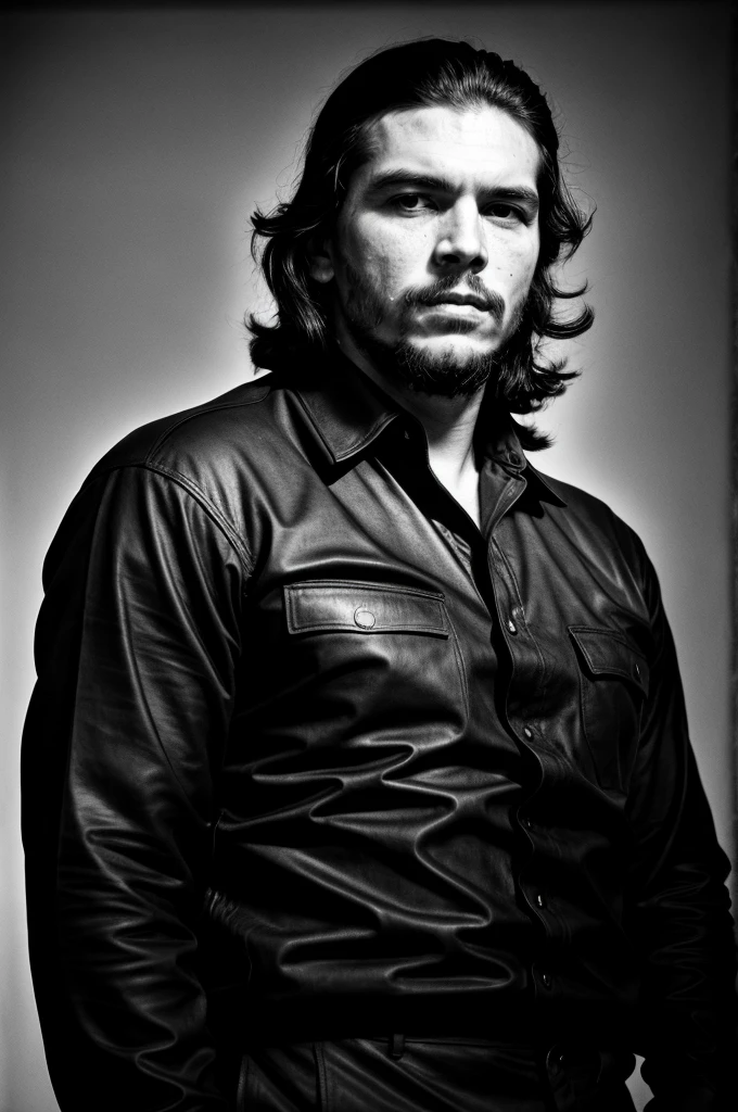 RAW photo, , ultra-detailed, under exposed, dark shot, b&w, a portrait photo of Che Guevara in (black clothes:1.2), iconic pose, detailed facial features, detailed skin, 8k uhd, high quality, film grain, Fujifilm XT3, 35mm