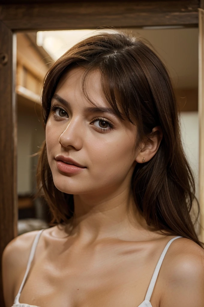 (romanian girl) (realistic) (chilling at home) (dirty brown hair) (photo realism) (beautiful) (happy) (instagram picture)