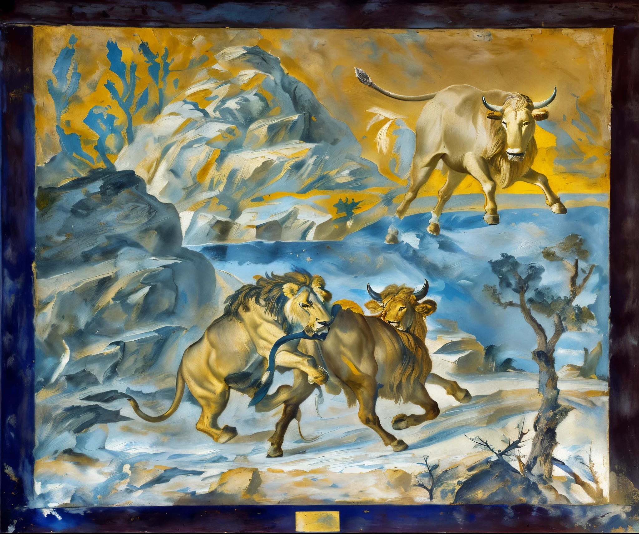 painting of a lion and a bull fighting in a desert, fresco painting, herds fighting, mythological painting, inspired by Giuseppe Bernardino Bison, fresco, ancient greek painting, painted in high resolution, by Leo Goetz, hystorical painting, spiritual scene, by Exekias, by Giuseppe Bernardino Bison, biblical painting, by Viktor de Jeney