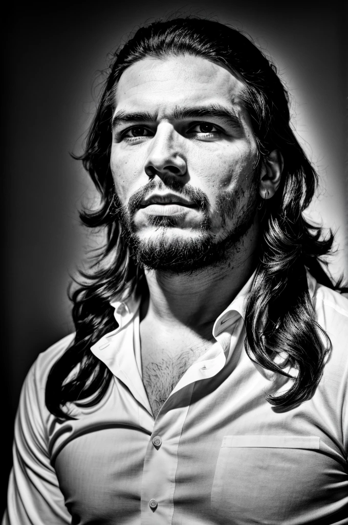 RAW photo, , ultra-detailed, under exposed, dark shot, b&w, a portrait photo of Che Guevara in (white clothes:1.2), iconic pose, detailed facial features, detailed skin, 8k uhd, high quality, film grain, Fujifilm XT3, 35mm