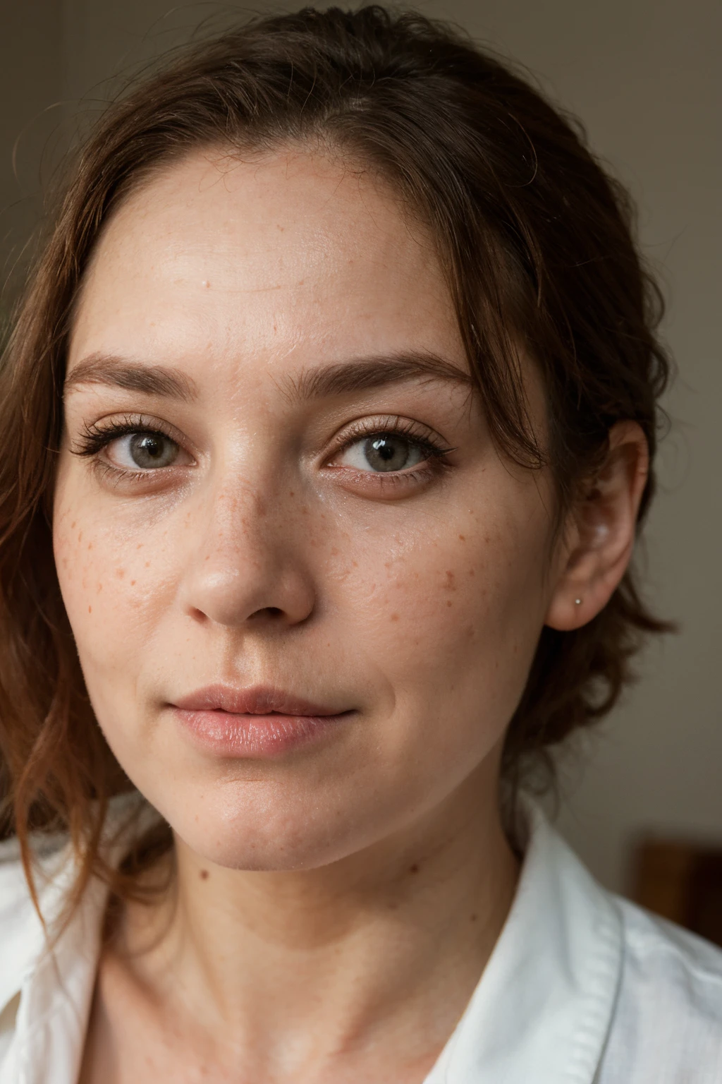 ((best quality)), ((masterpiece)), (detailed), 80 year old
female with freckles, some forehead acne, dark hazel eyes, redhead