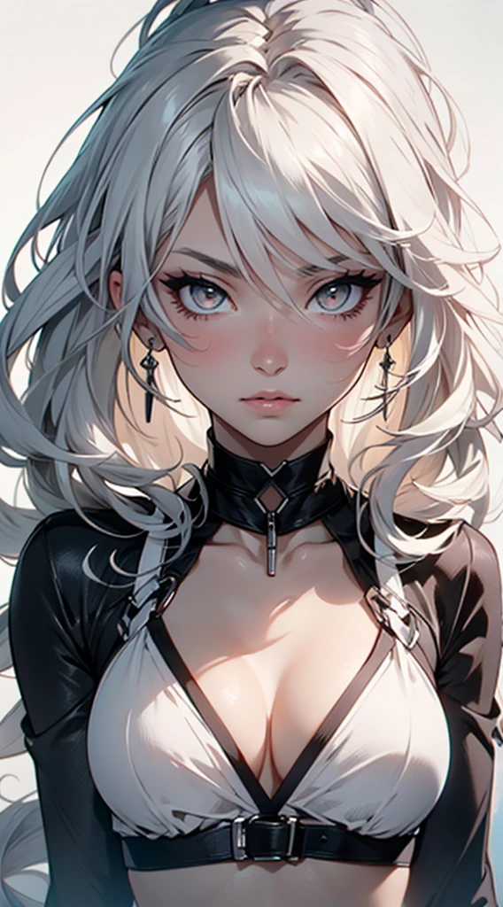 bust portrait, skimpy, anime portrait, natural beauty, ideal shape, ideal anatomy, confident pose, angel, WHITE hair, big black-colored eyes, long wavy hair, detailed face, hyper detailed, sharp focus, 6 colors, cute, attractive, choker