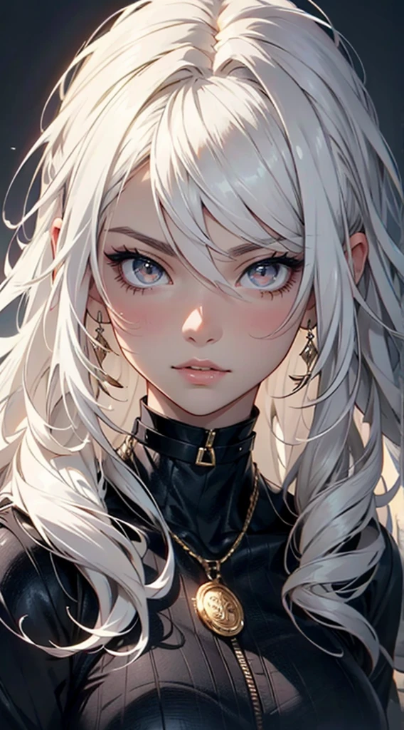 bust portrait, skimpy, anime portrait, natural beauty, ideal shape, ideal anatomy, confident pose, angel, WHITE hair, big black-colored eyes, long wavy hair, detailed face, hyper detailed, sharp focus, 6 colors, cute, attractive, choker