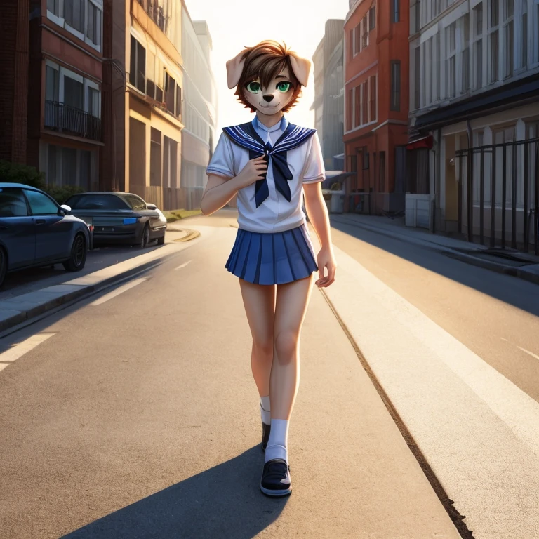 solo, male, thin body, feminine, furry , anthro, puppy, young, femboy, sailor uniform, short skirt, short messy hair, green eyes, walking on sidewalk in the morning,