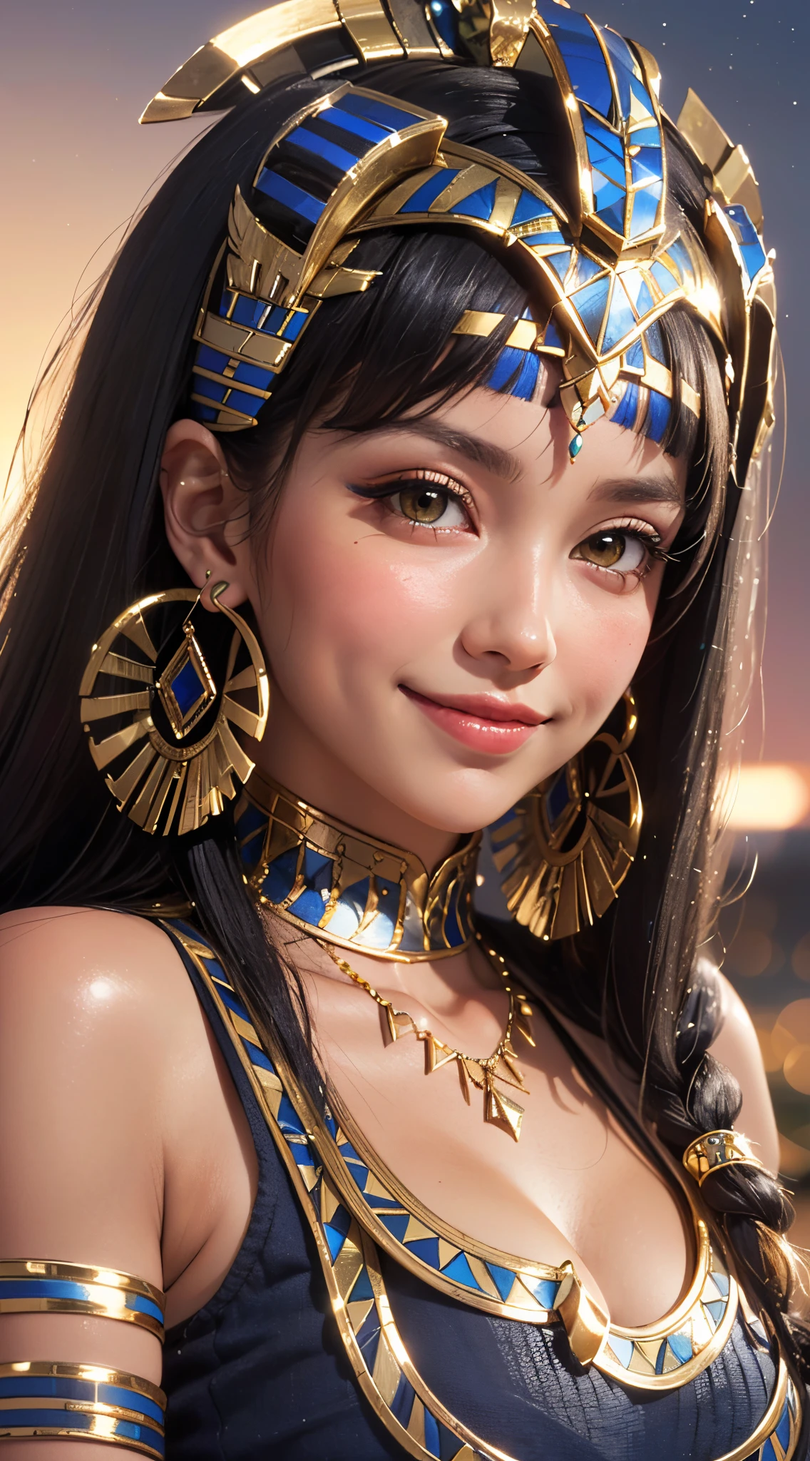 (UHD, retina, masterpiece, ccurate, anatomically correct, textured skin, super detail, high details, high quality, best quality, highres, 1080P, HD, 4K, 8k, 16k), (beautiful detailed eyes, beautiful detailed lips, extremely detailed eyes and face), studio lighting, physically-based rendering, vivid colors, (big tits, super big tits, super extra big tits, glamorous body), (waist:1.5), (portrait, blonde hair, shiny hair, shiny skin), (dusk sky, bokeh:1.5), (tilt your head to the side:1.5), eye reflection, (blush, smile, tanned skin, cleopatra:1.5),