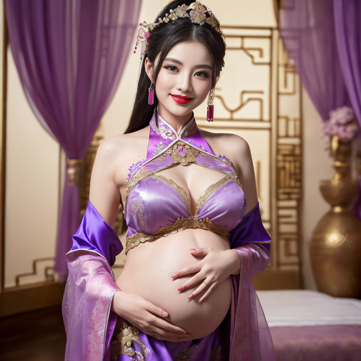 ((top-quality、masutepiece、8K、Top image quality、Highly complex and detailed depictions))、(the most gorgeous chinese goddess:1.1)、((The most gorgeous prostitution goddess huge costume、Pregnancy、The most vivid and luxurious Chinese costumes、big long chinese goddess costume、The unimaginably beautiful bedroom of a Chinese goddess、purple and pink gems、(purple and pink goddess bedroom:1.3)、(romantic dark night:1.2)、(pink and purple lighting:1.2)、spectacular movie lighting、A glittering room decorated with jewels、The most sacred and beautiful Chinese goddess&#39;Bedroom、mid night、Very complex decoration、very clear chinese goddess bedroom、(View me、Bewitching smile、Perfect makeup、long eyelashes、lipsticks、Pink eyeshadows、perfect anatomia、Biggest smile)、(huge beautiful curtains:1.1)、(The most elaborate goddess room:1.2)、(Professionally designed, Interior design with a sense of unity:1.3)