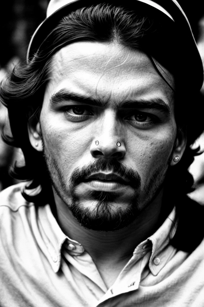 RAW photo, , ultra-detailed, under exposed, dark shot, b&w, a portrait photo of Che Guevara in (white clothes:1.2), (iconic pose:2), detailed facial features, detailed skin, 8k uhd, high quality, film grain, Fujifilm XT3, 35mm