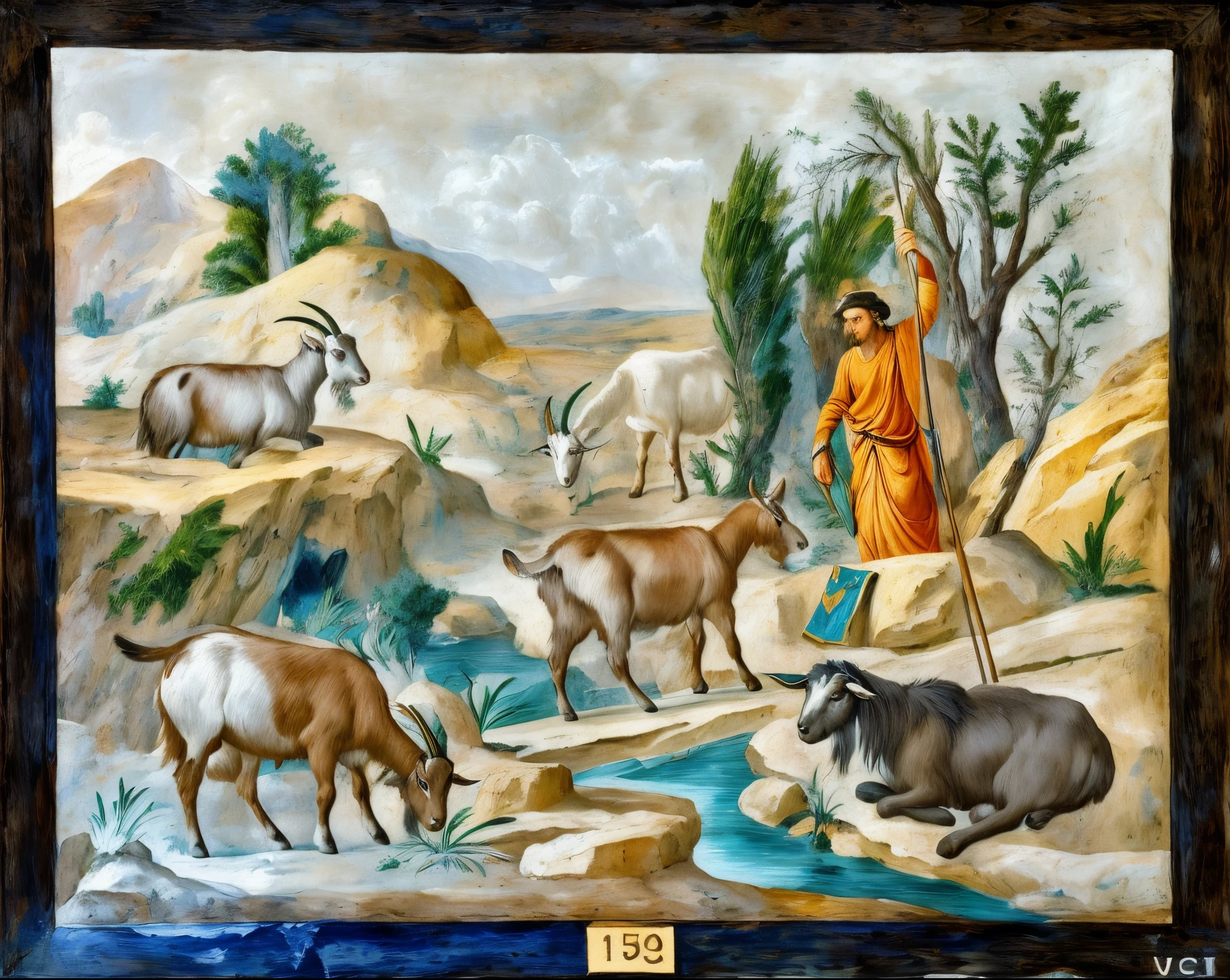 painting of a man with a staff and goats in a desert, spiritual scene, fresco painting, by Domenico di Pace Beccafumi, inspired by Domenico di Pace Beccafumi, biblical painting, pastoral, painted in 1530, goat, fresco, by Viktor de Jeney, religious painting, by Taddeo Gaddi